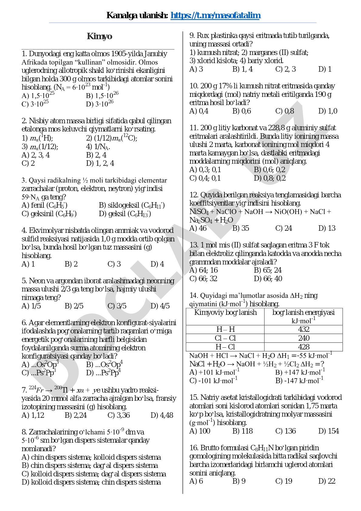 Kimyo fanidan test savollari