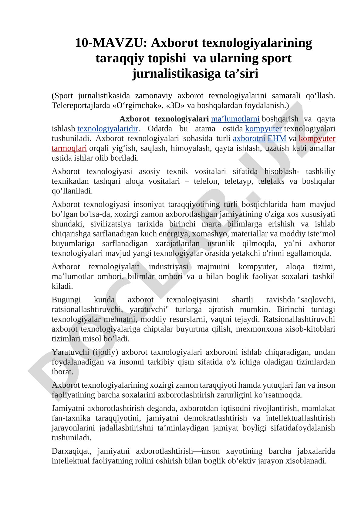 Axborot texnologiyalarining taraqqiy topishi va ularning sport jurnalistikasiga ta’siri