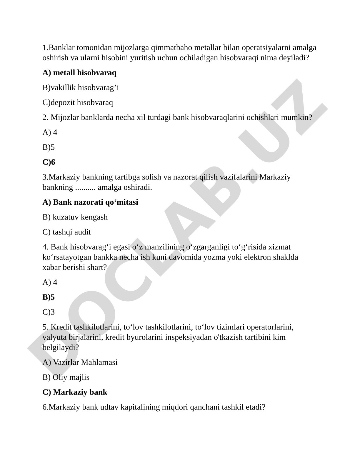 Banklar tomonidan mijozlarga qimmatbaho metallar bilan operatsiyalar bo'yicha test savollari