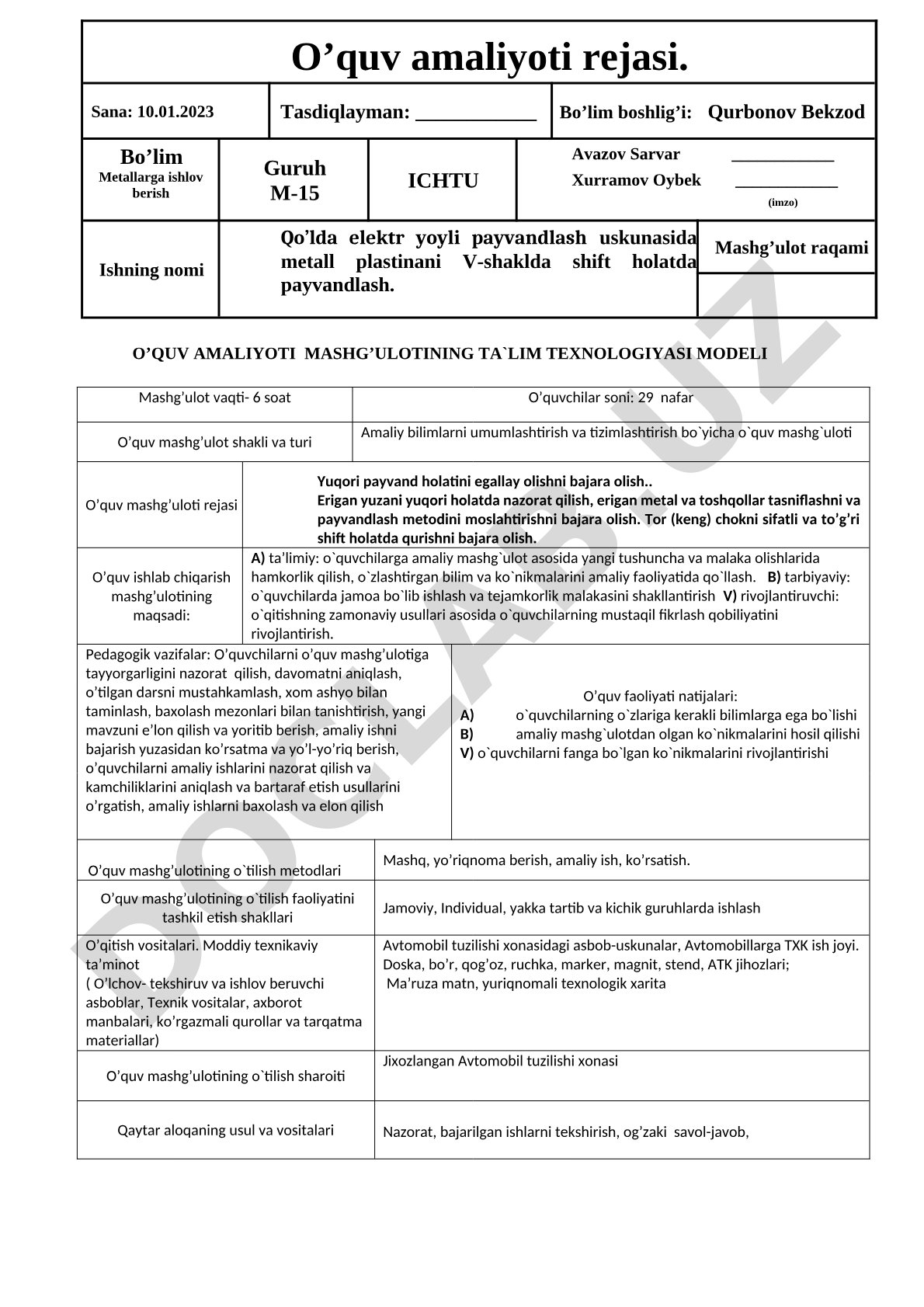 Qo’lda elektr yoyli payvandlash uskunasida metall plastinani V-shaklda shift holatda payvandlash