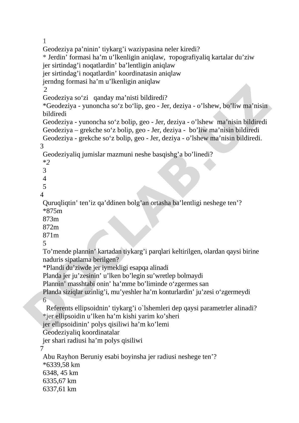 Geodeziya fanining tiykarg'i waziypalari