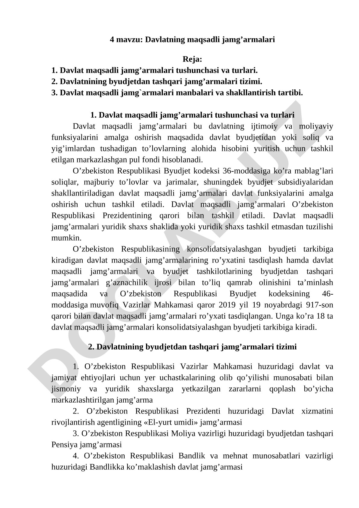 Davlat maqsadli jamg'armalari tushunchasi, turlari, manbalari va shakllantirish tartibi