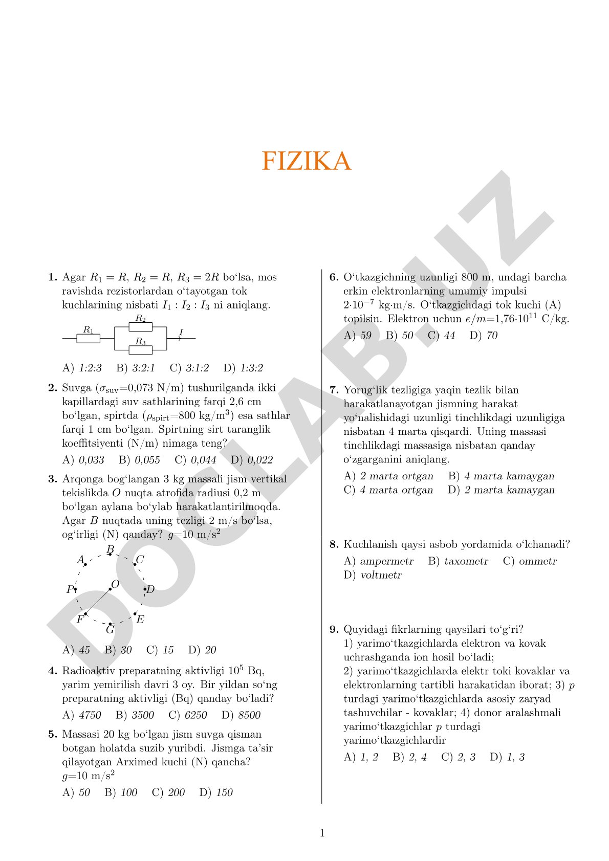 Fizika fanidan test varianti 1921918
