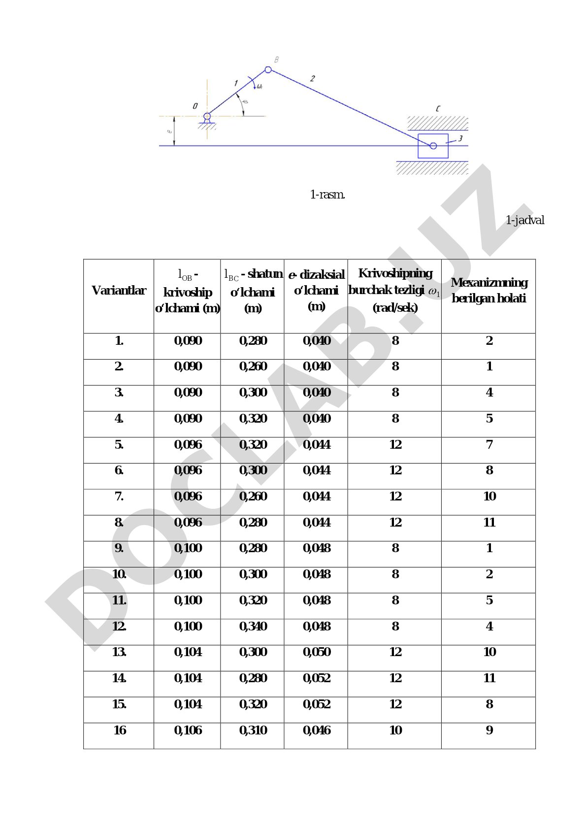 Randalash qurilmasining krivoship-shatunli mexanizmi tuzilishi va kinematikasini tekshirish