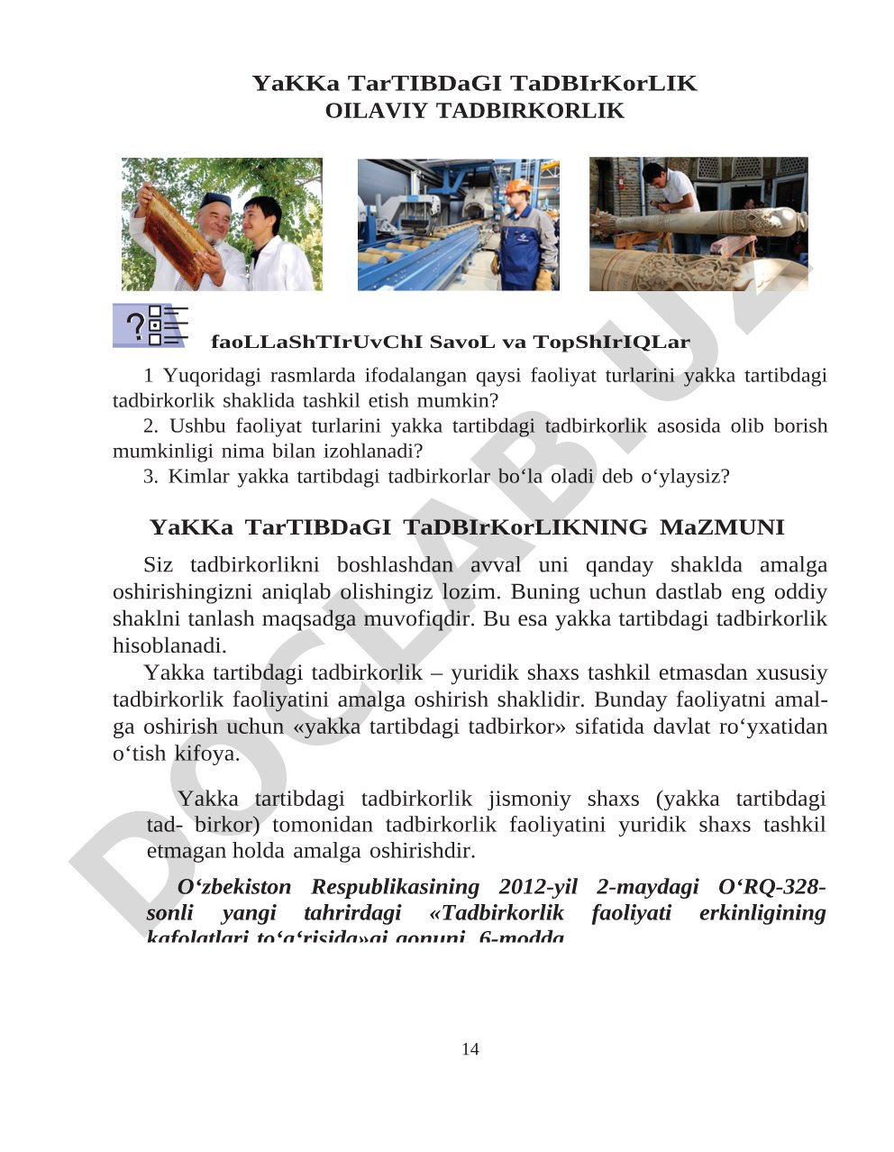 Yakka tartibdagi tadbirkorlik oilaviy tadbirkorlik faollashtiruvchi savol va topshiriqlar