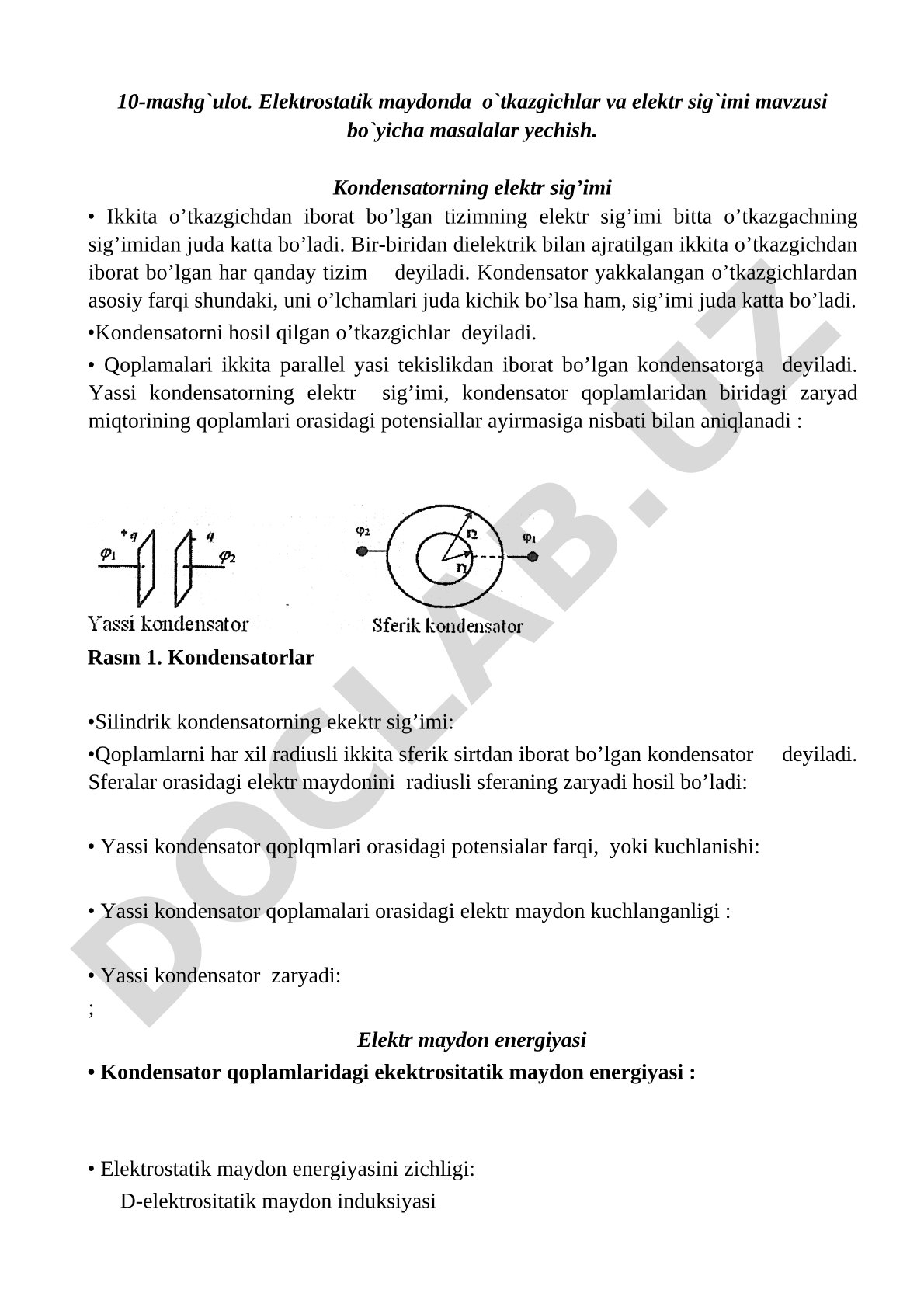 Elektrostatik maydonda o'tkazgichlar va elektr sig'imi
