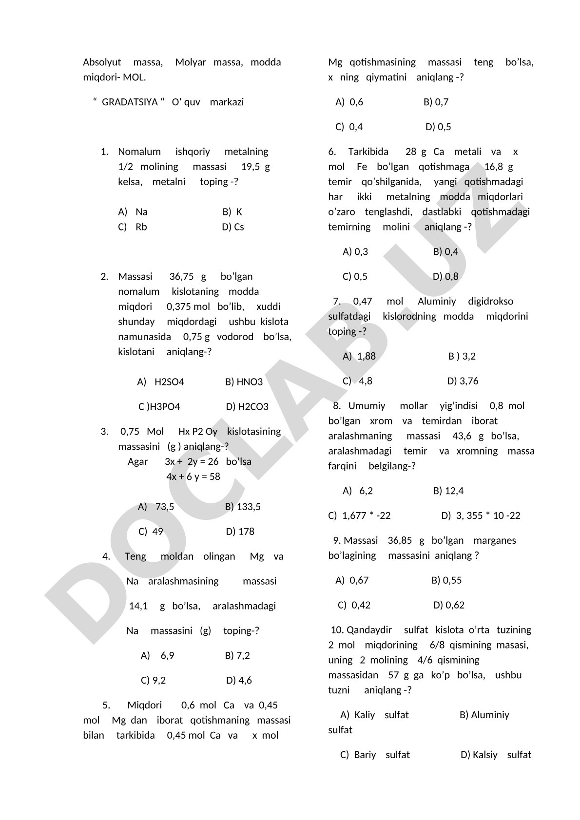 Absolyut massa, Molyar massa, modda miqdori- MOL