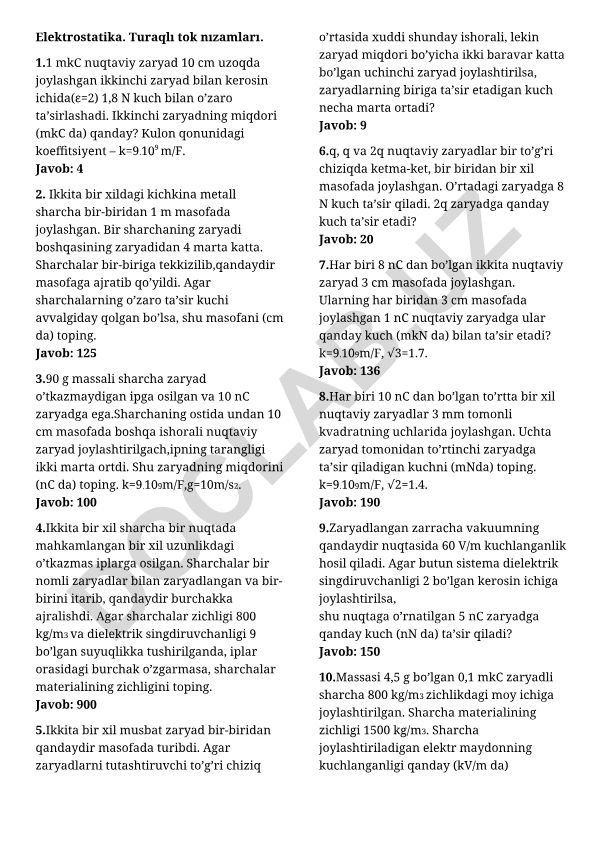 Elektrostatika va turaqli tok nızamları bo'yicha masalalar