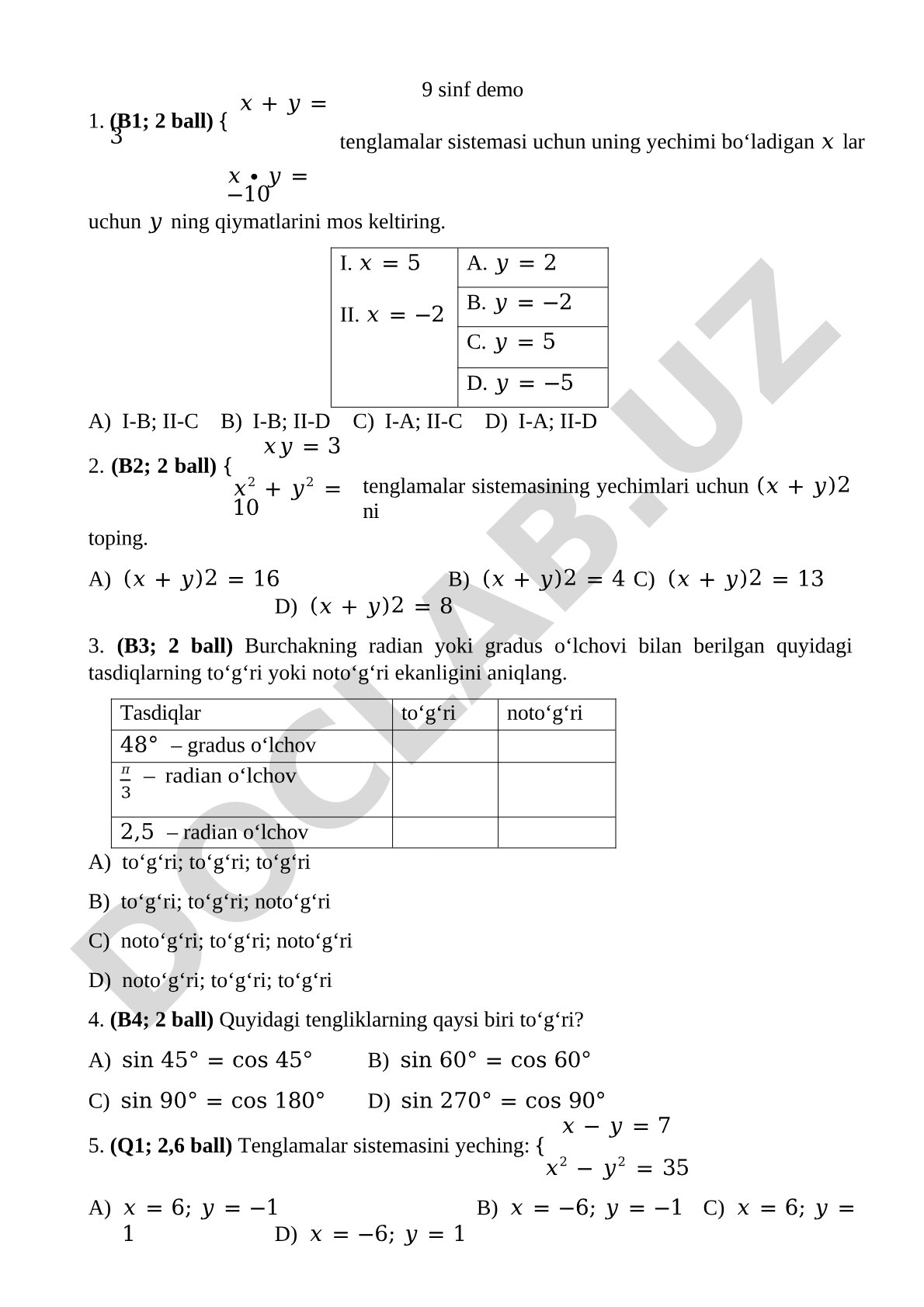 9-sinf matematika tenglamalar sistemasi va trigonometriya testi