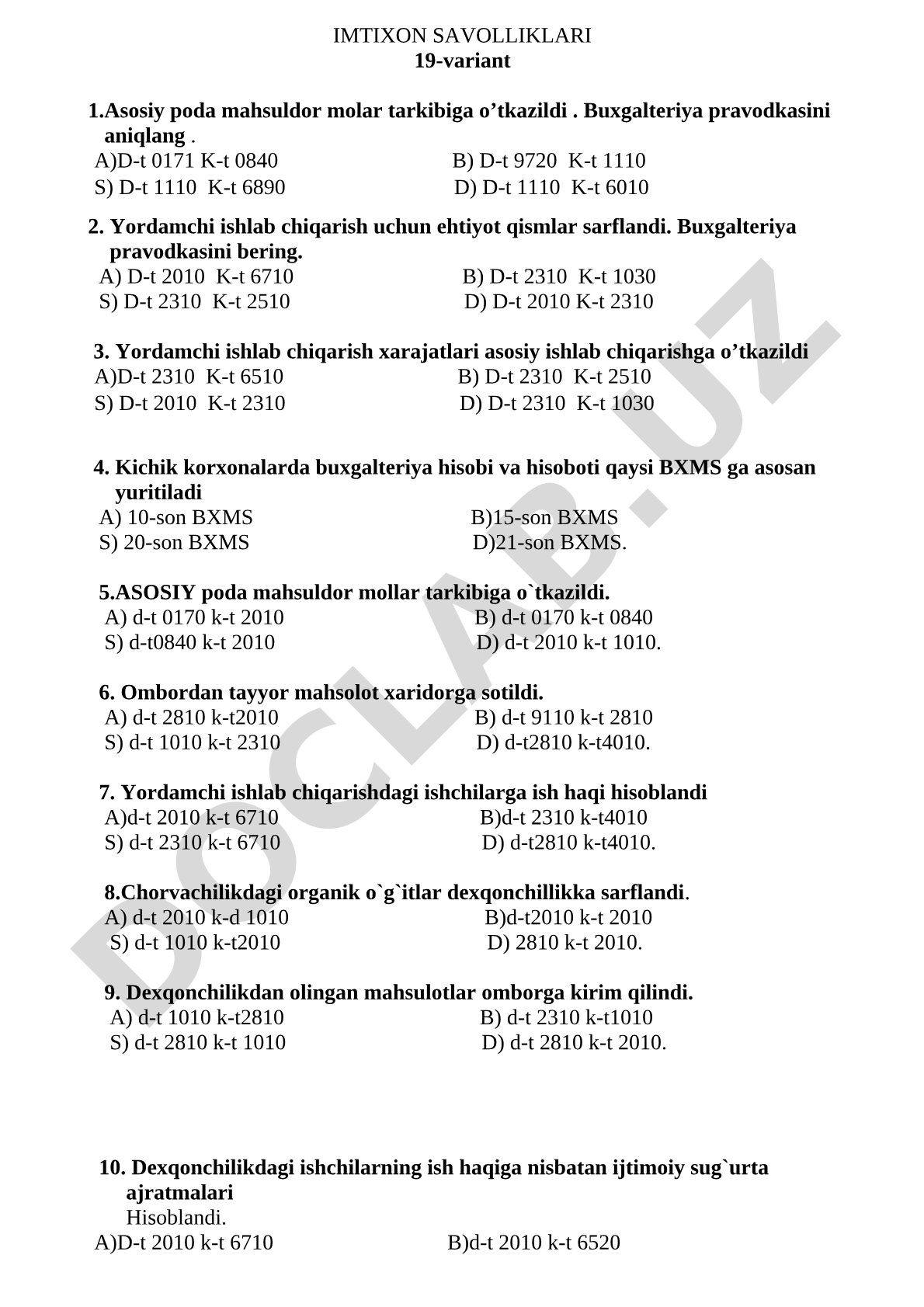 Buxgalteriya hisobi imtixon savollari 19-variant
