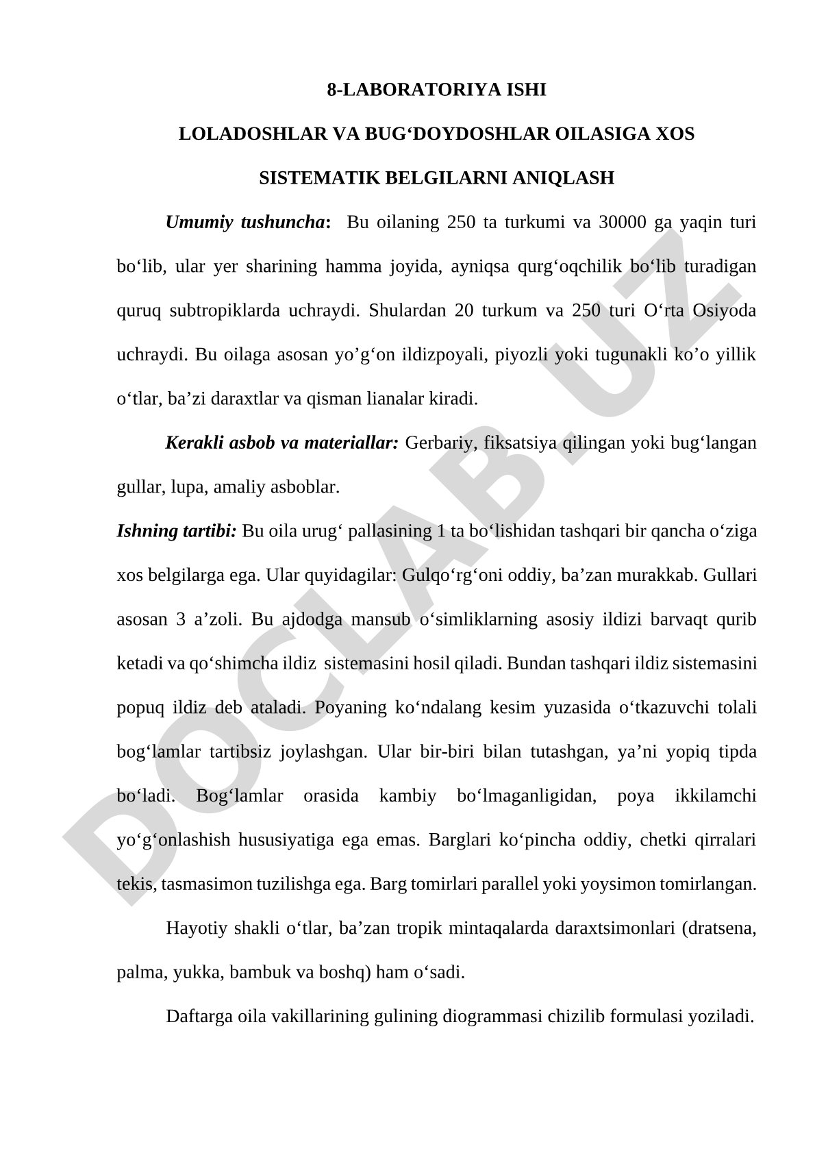 Loladoshlar va bug'doydoshlar oilasiga xos sistematik belgilarni aniqlash