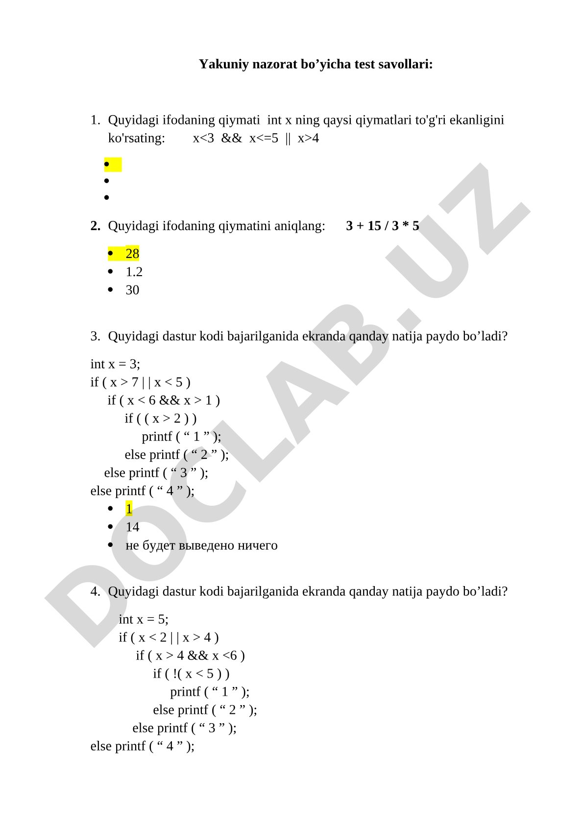 Yakuniy nazorat bo’yicha test savollari