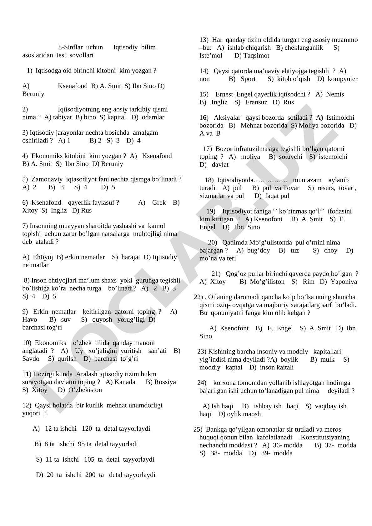 8-Sinflar uchun Iqtisodiy bilim asoslaridan test sovollari