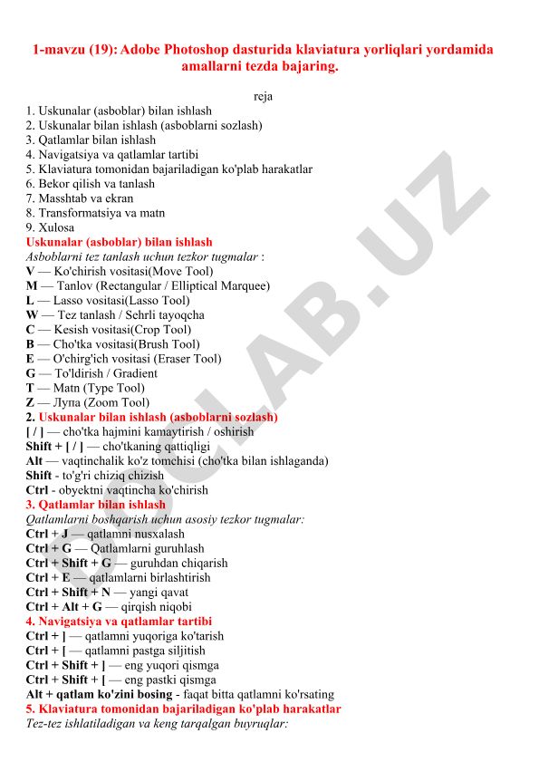 Adobe Photoshop dasturida klaviatura yorliqlari yordamida amallarni tezda bajaring