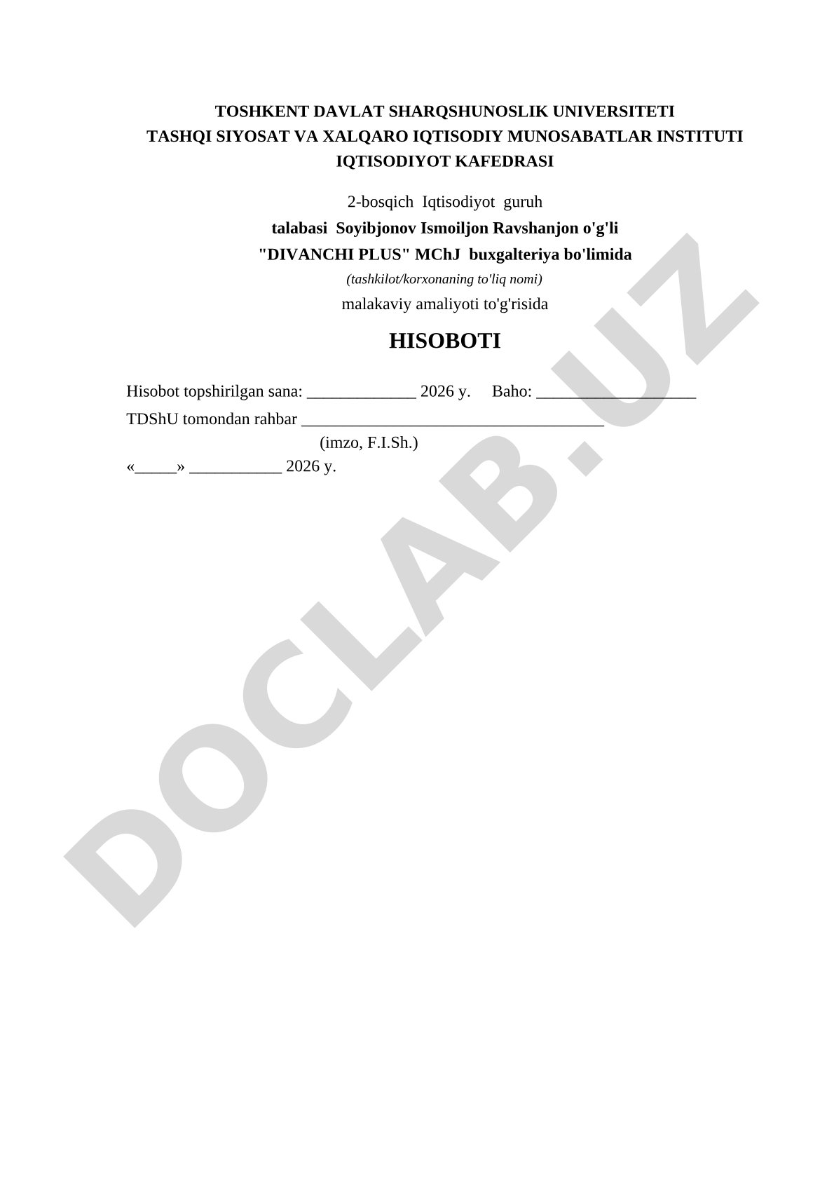 DIVANCHI PLUS MChJ buxgalteriya bo'limida malakaviy amaliyot hisoboti
