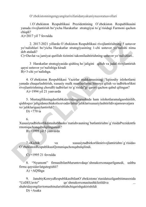 O‘zbekistonning eng yangi tarixi fanidan yakuniy nazorat savollari