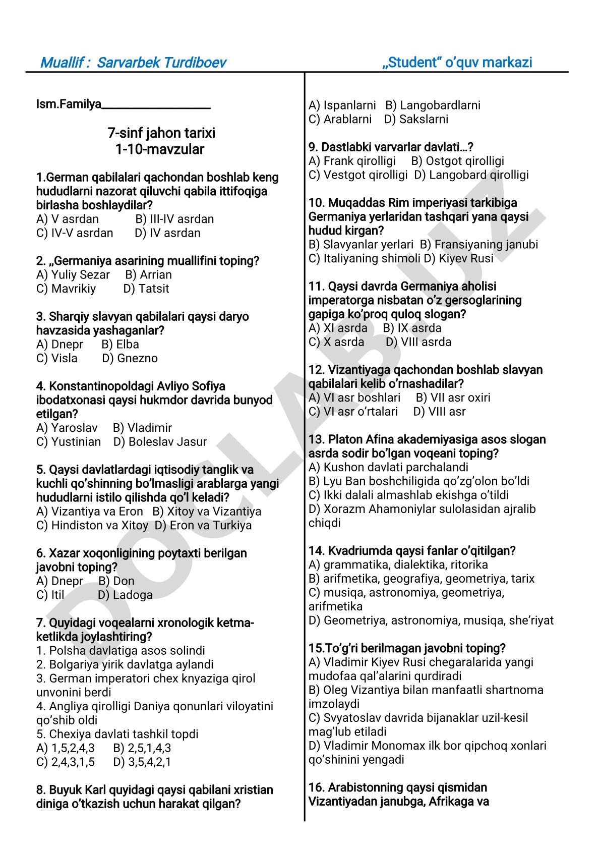 7-sinf jahon tarixi 1-10-mavzular