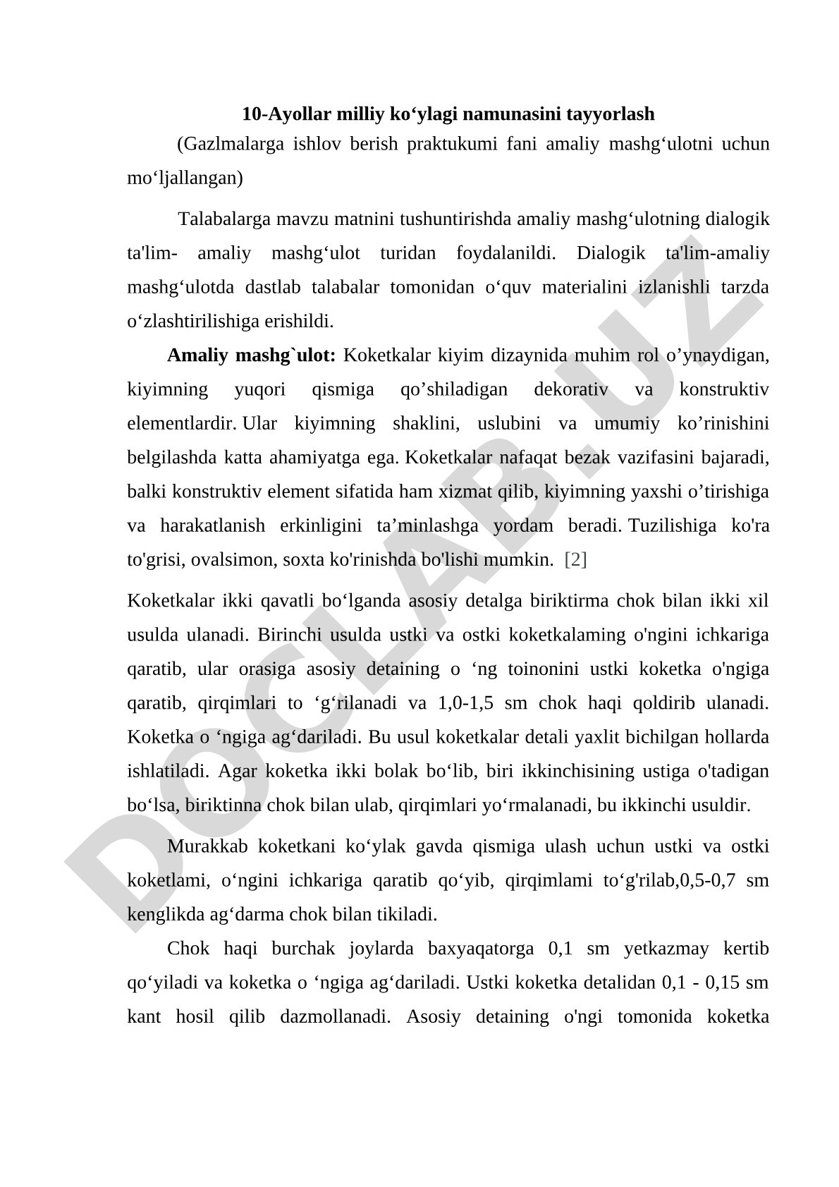 10-Ayollar milliy ko‘ylagi namunasini tayyorlash