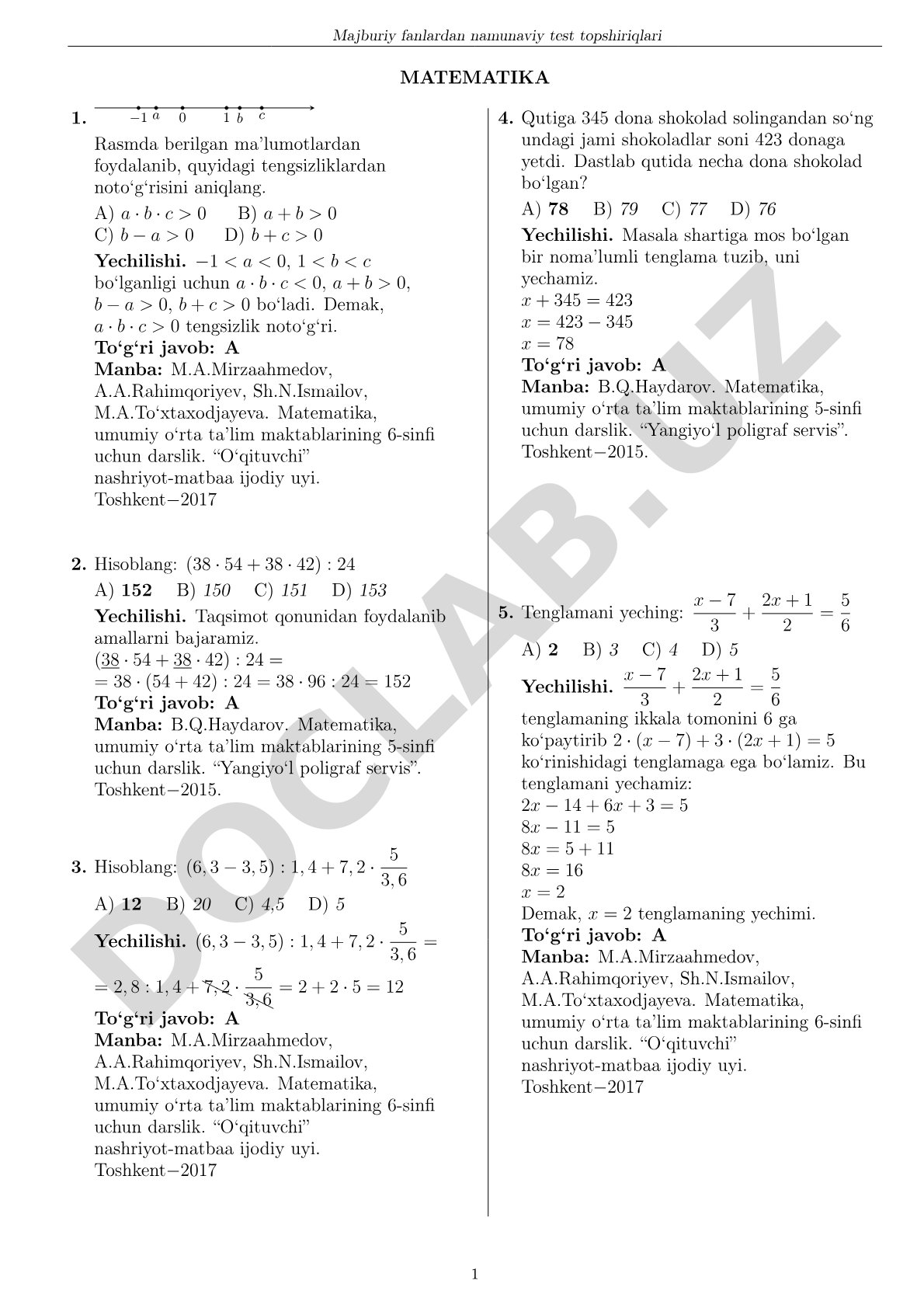 Majburiy fanlardan namunaviy test topshiriqlari MATEMATIKA