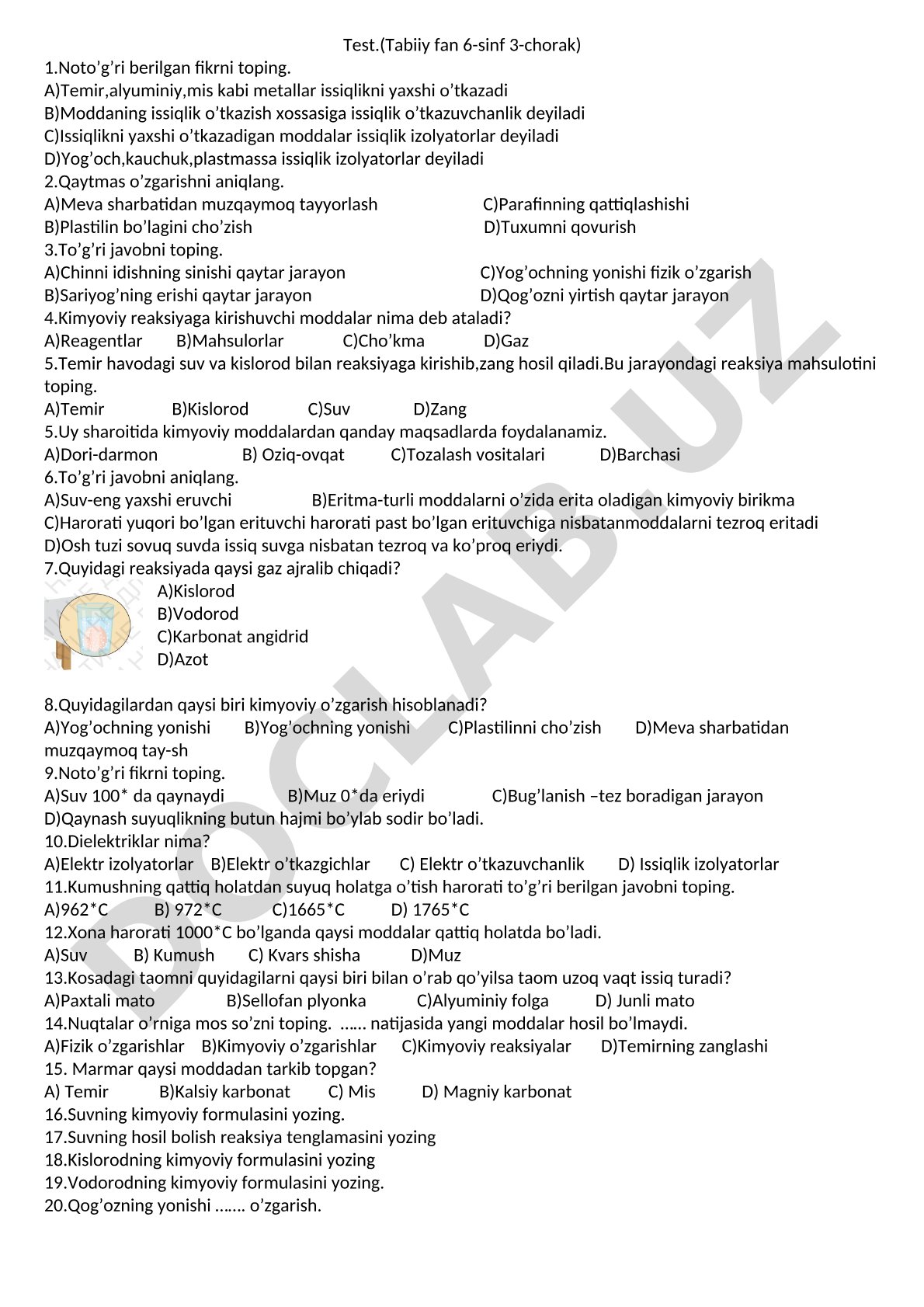Tabiiy fan 6-sinf 3-chorak test savollari