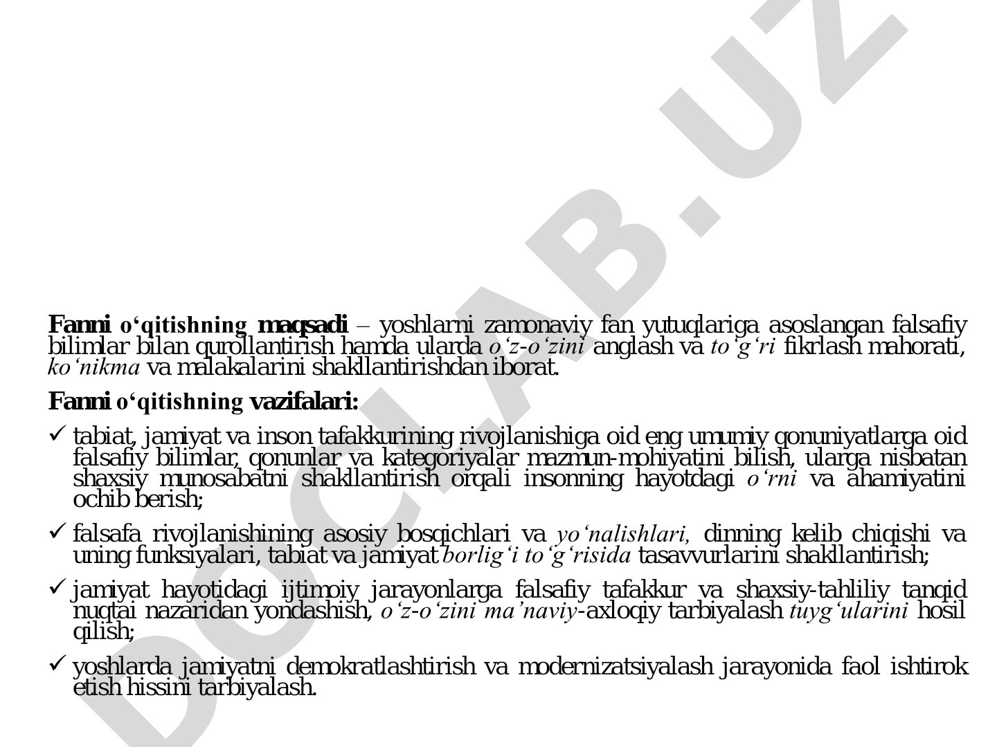 Falsafa fanini o‘qitishning maqsadi va vazifalari