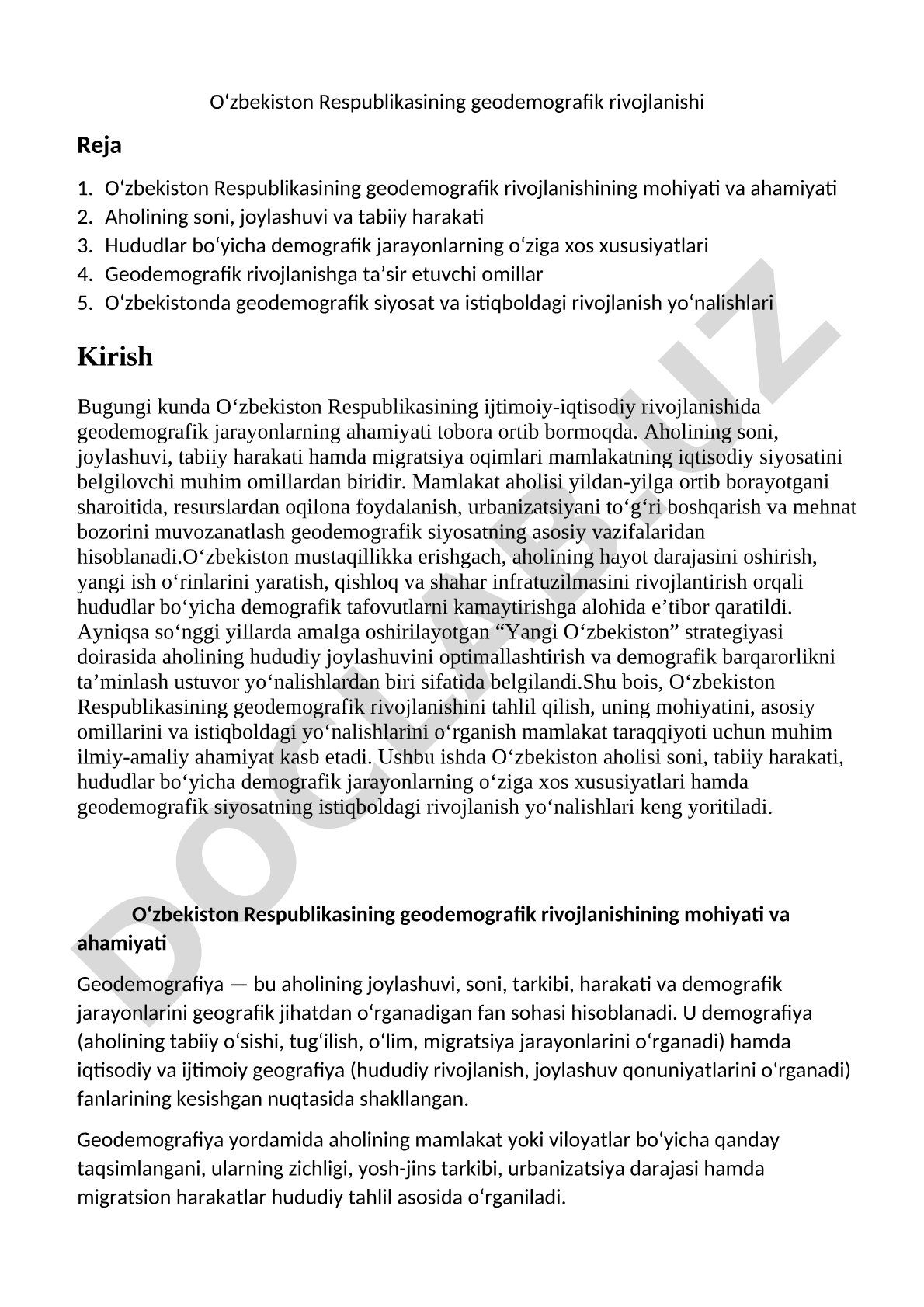 Oʻzbekiston Respublikasining geodemografik rivojlanishi