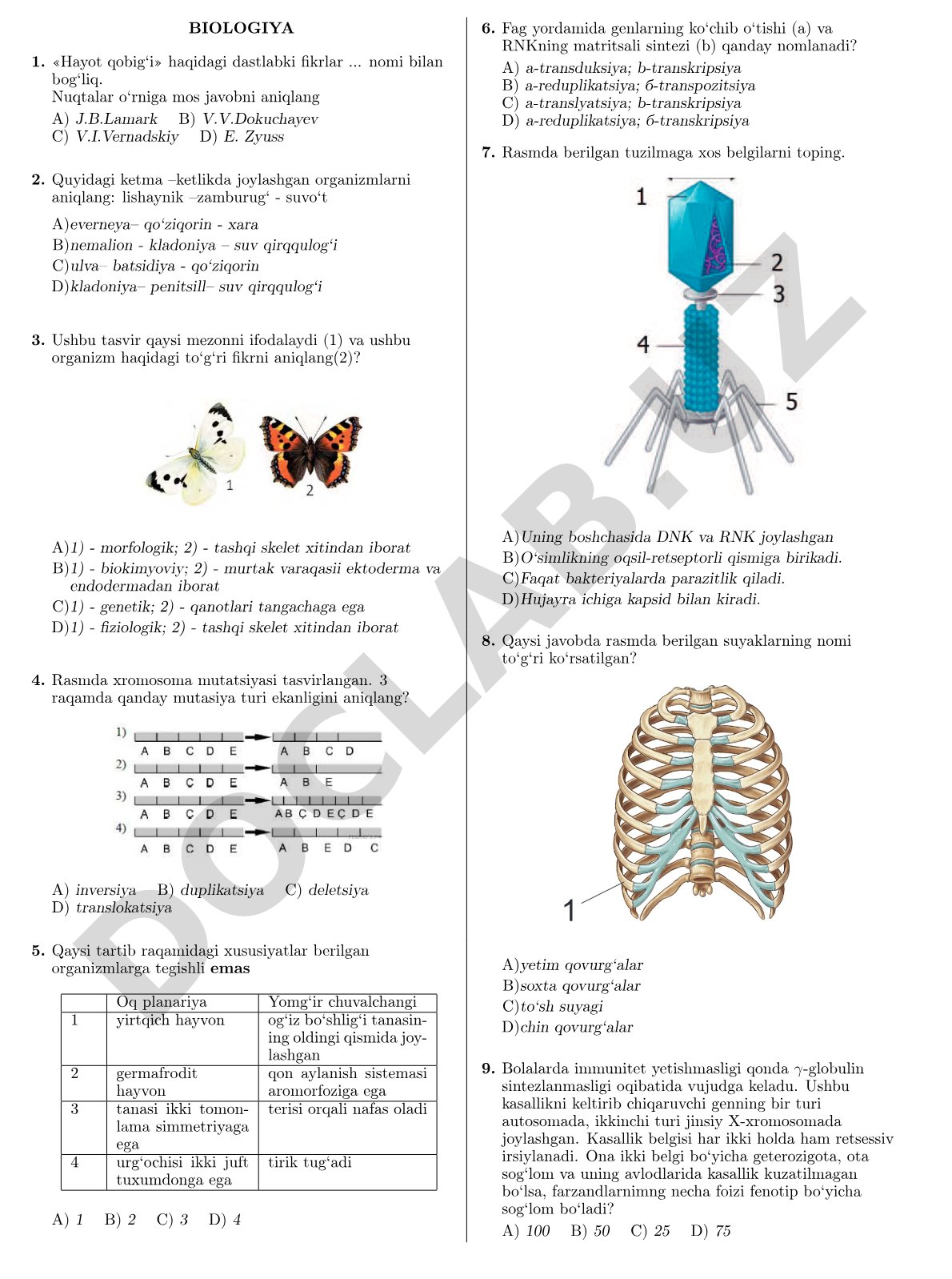 Biologiya test savollari: hayot qobig‘i, organizmlar, mutatsiyalar, planariya