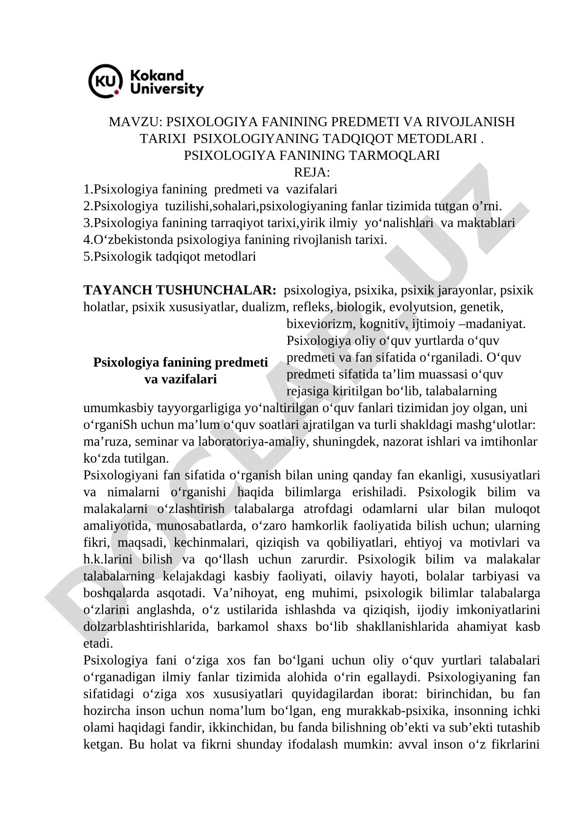 Psixologiya fanining predmeti va rivojlanish tarixi