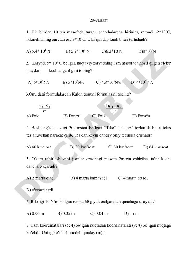 Fizika fanidan test savollari to'plami