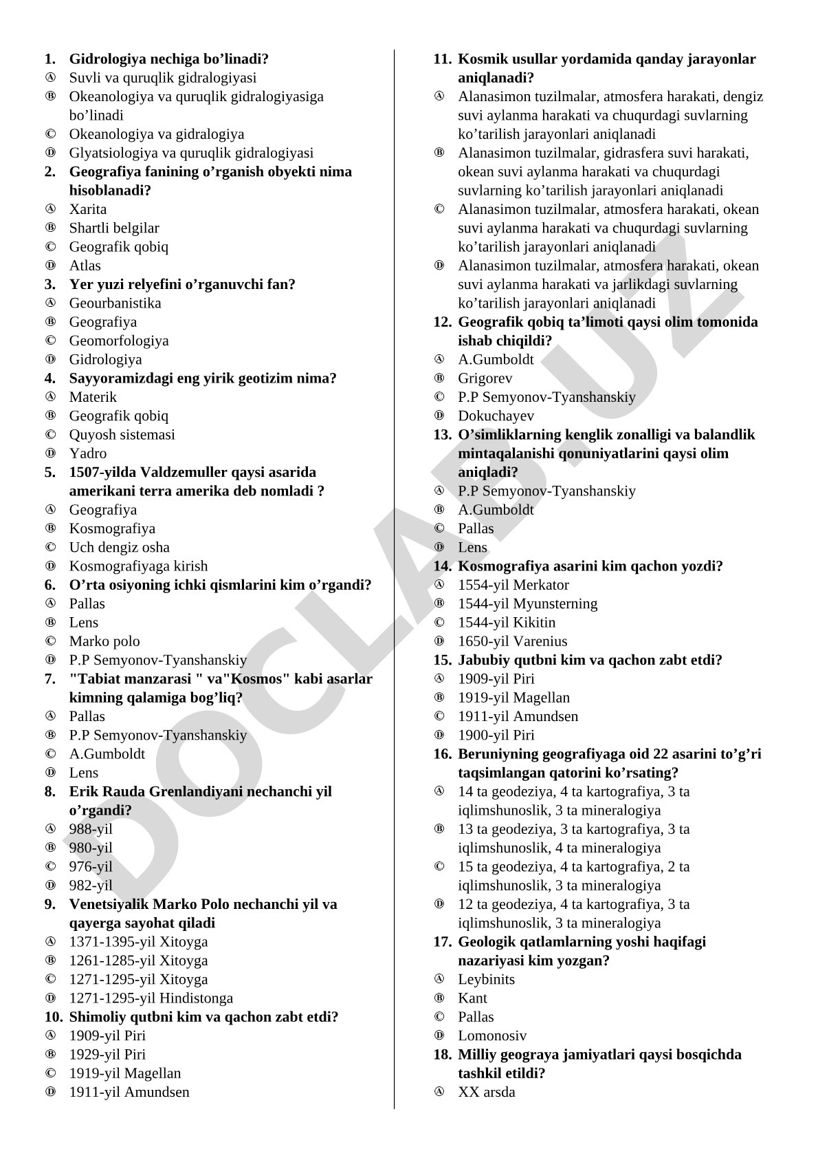 Geografiya fanidan test savollari