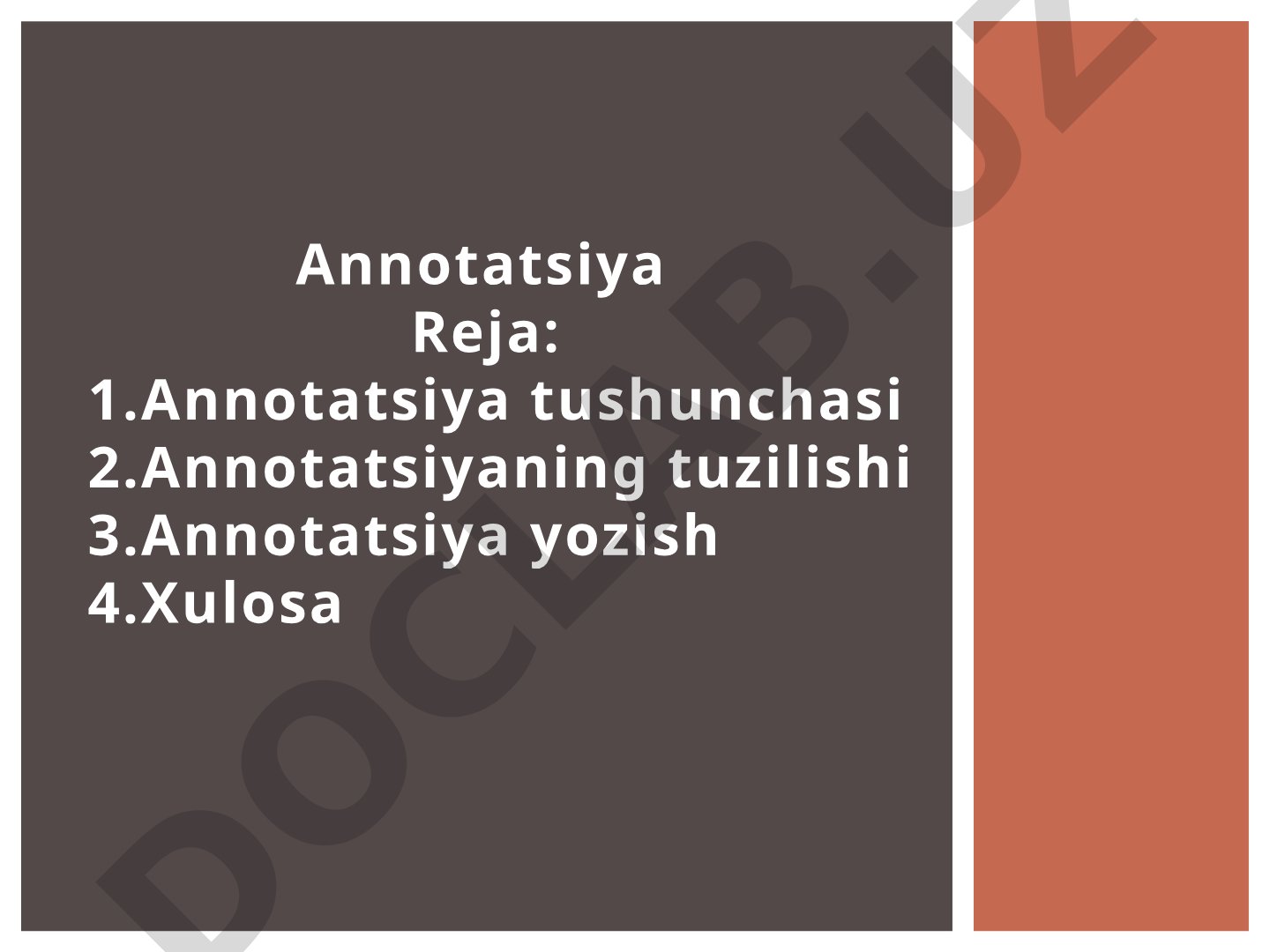 Annotatsiya tushunchasi, tuzilishi va yozish qoidalari haqida slaydlar