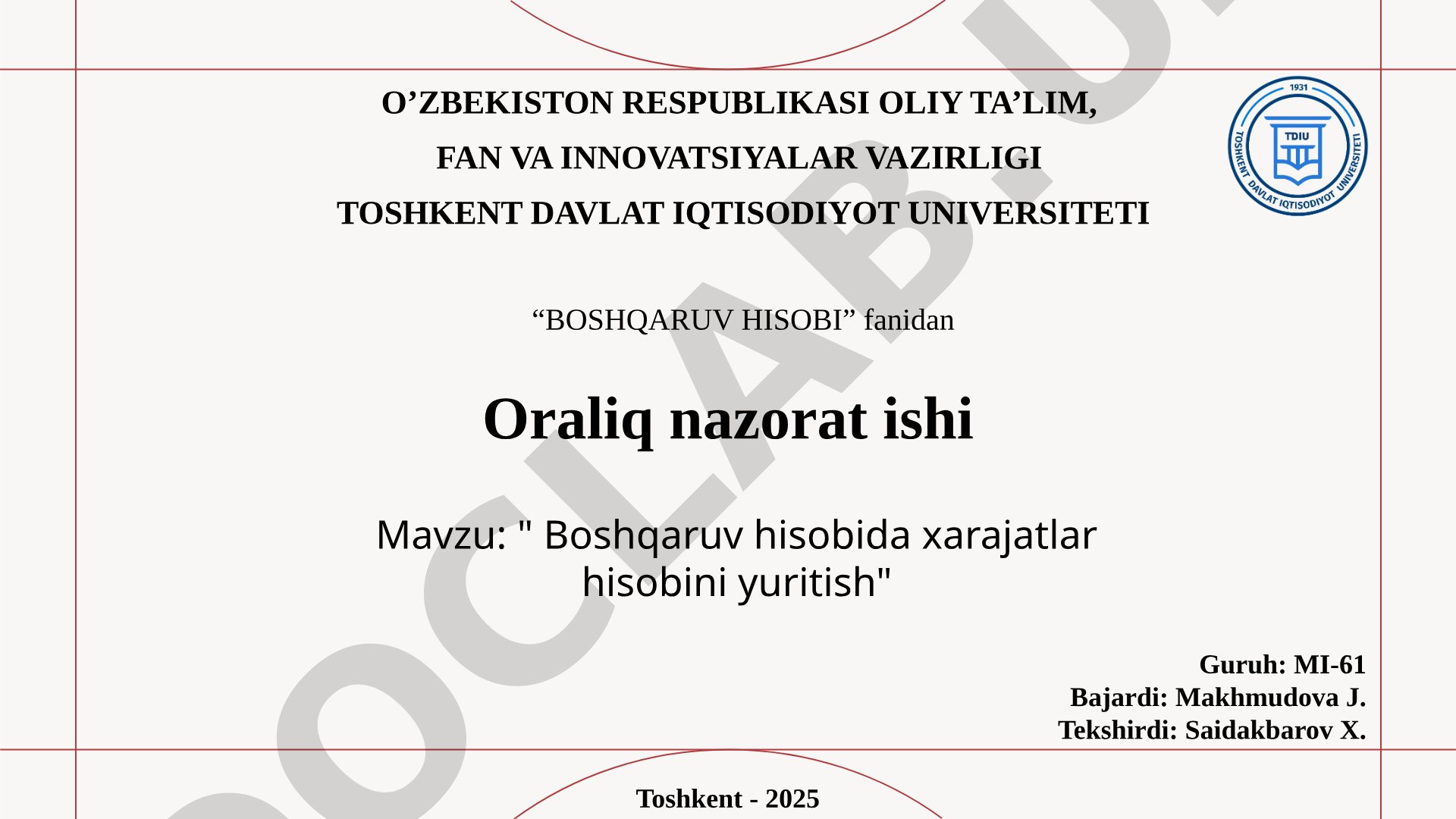 Boshqaruv hisobida xarajatlar hisobini yuritish