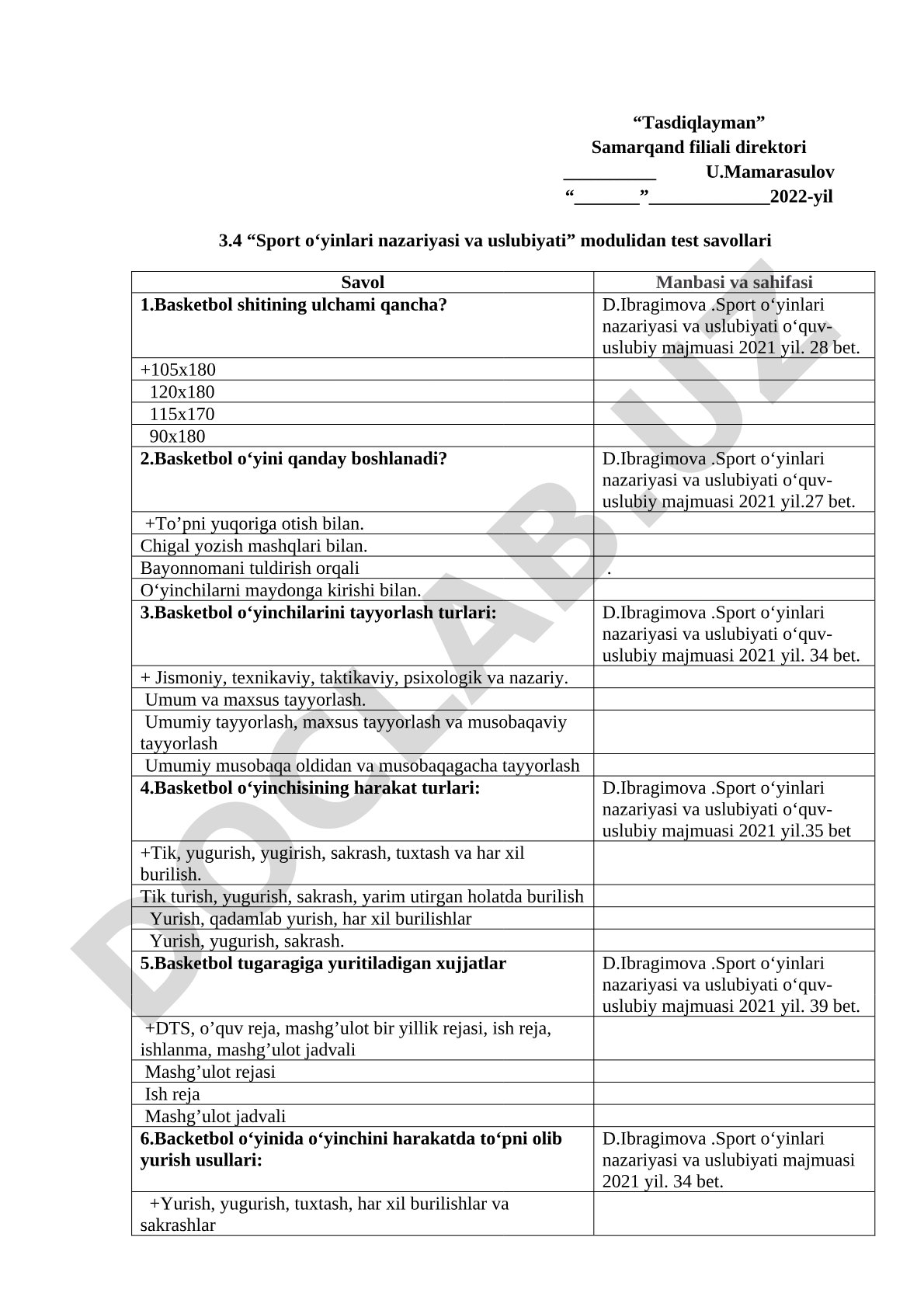 Sport o‘yinlari nazariyasi va usulubiyati modulidan test savollari