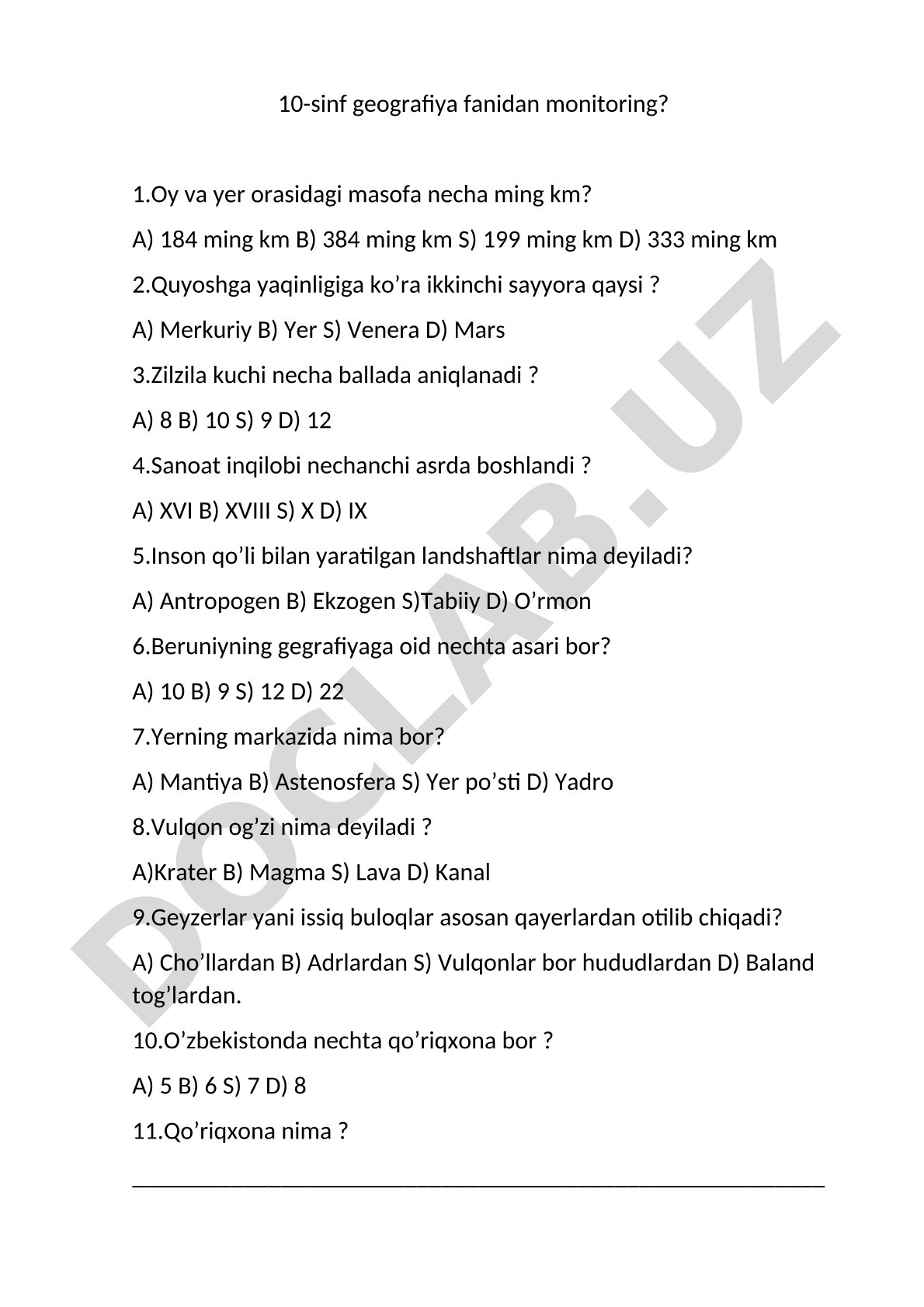 10-sinf geografiya fanidan monitoring