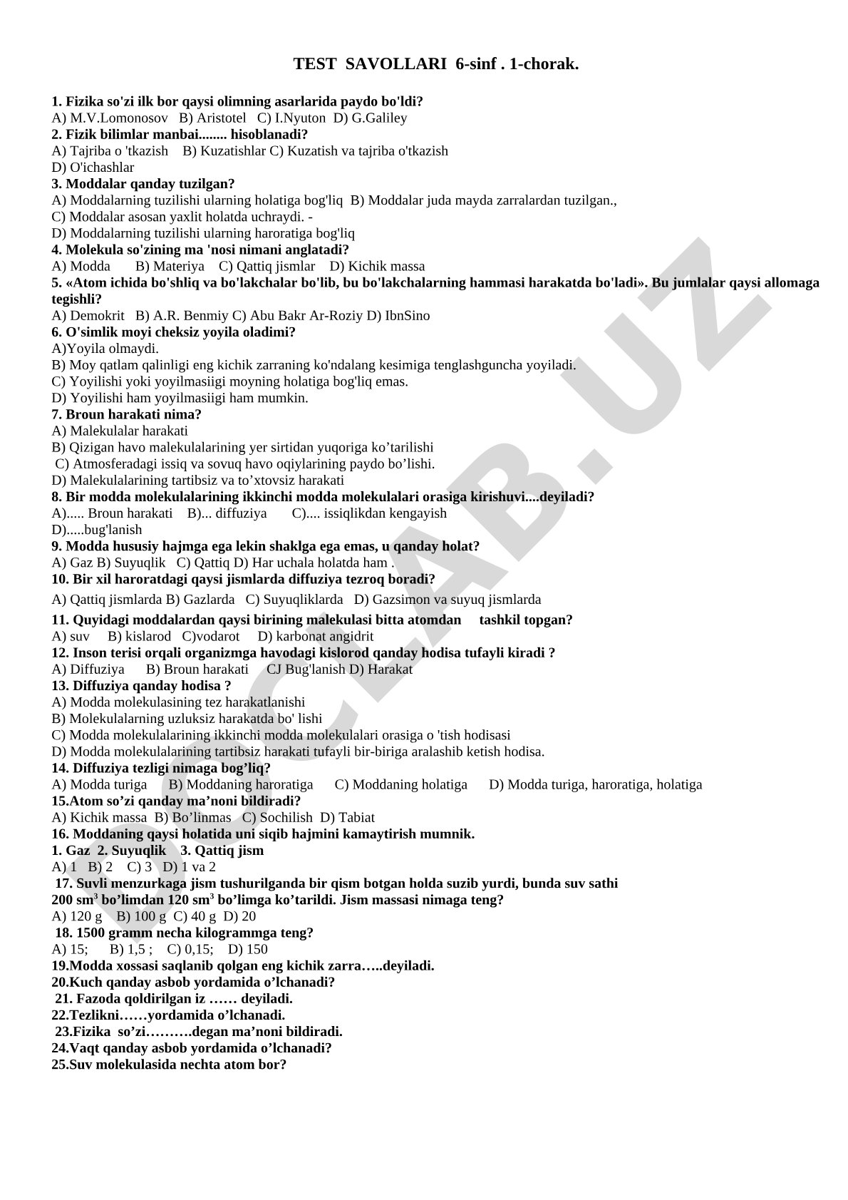 TEST SAVOLLARI 6-sinf . 1-chorak.