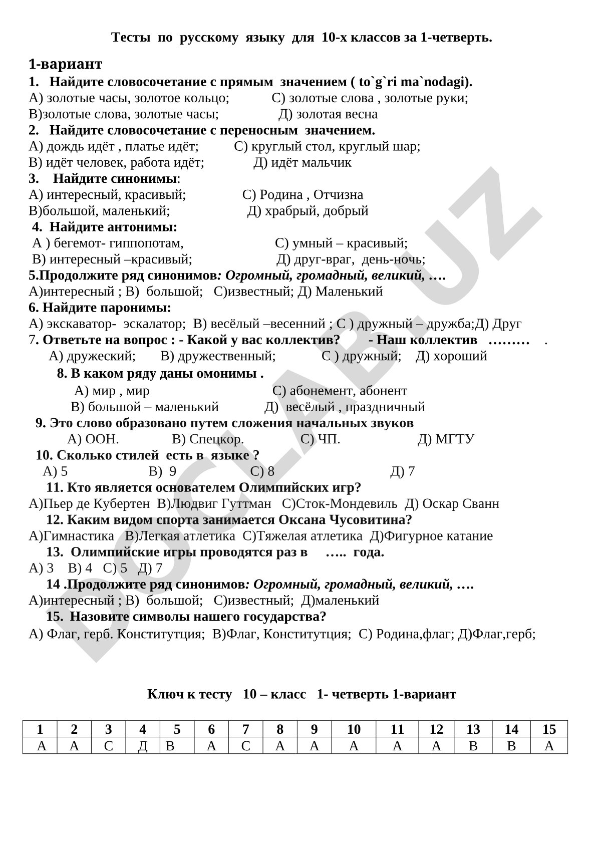 Русский язык 10 класс: тесты за 1 четверть