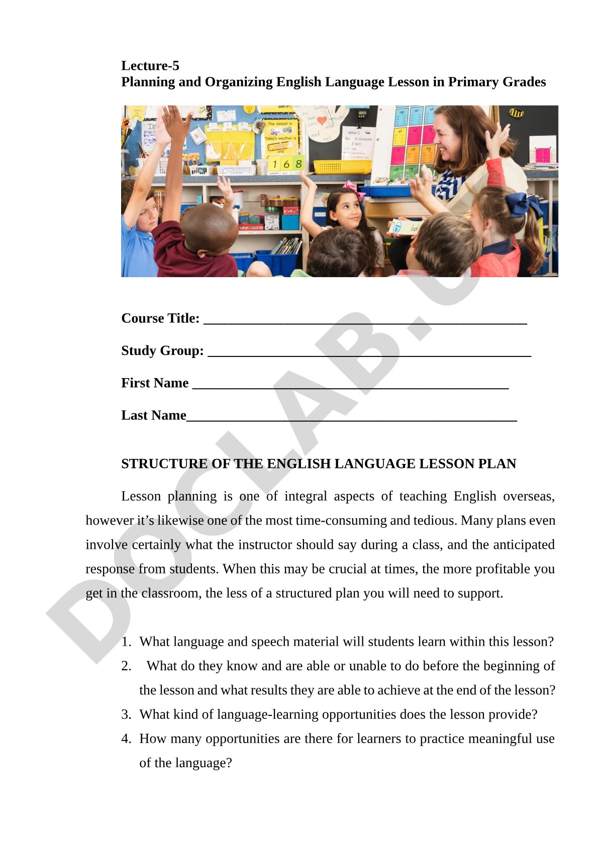 Lecture-5 Planning and Organizing English Language Lesson in Primary Grades