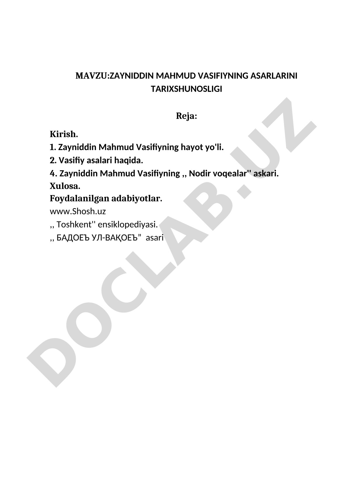 Zayniddin Mahmud Vasifiyning asarlarini tarixshunosligi