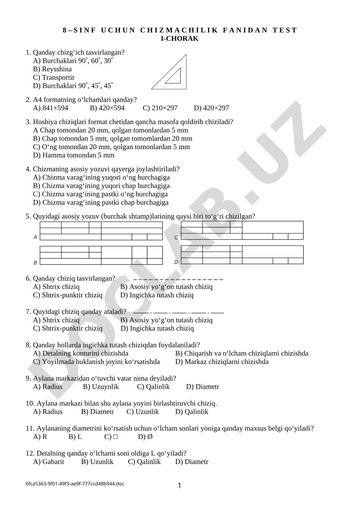 8-sinf chizmachilik fanidan test I-chorak