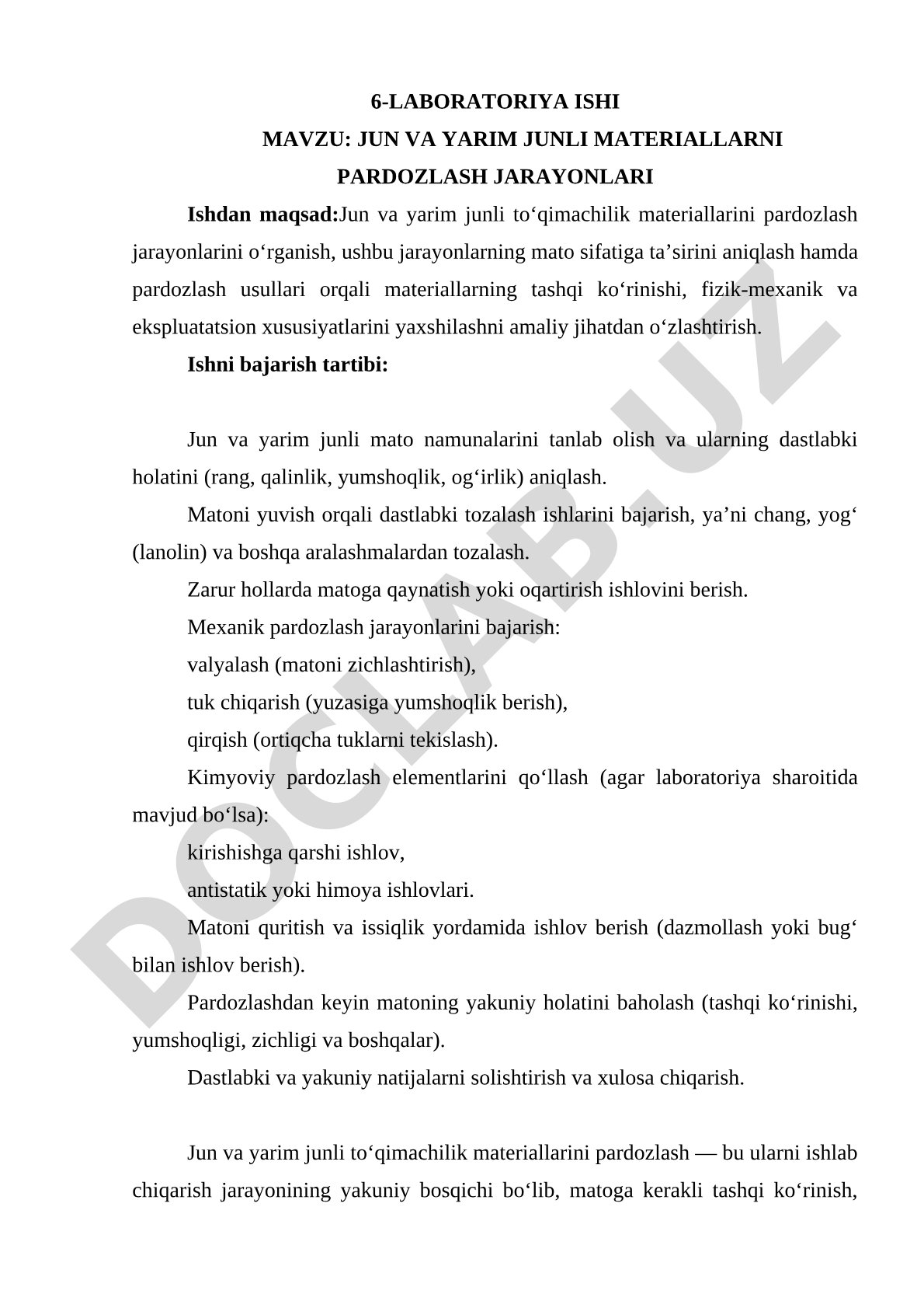 Jun va yarim junli materiallarni pardozlash jarayonlari