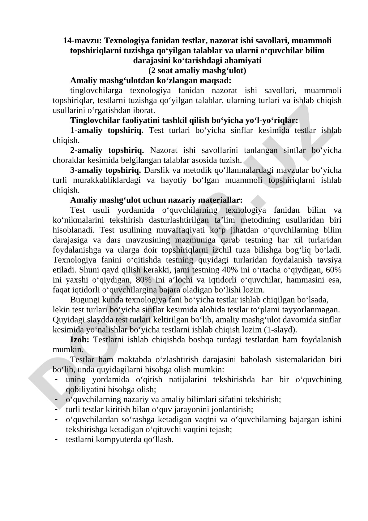Texnologiya fanidan testlar, nazorat ishi savollari va muammoli topshiriqlarni tuzish talablari va ahamiyati
