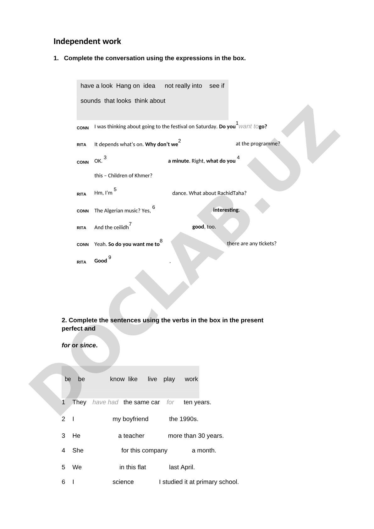 Conversation completion and Present Perfect exercises