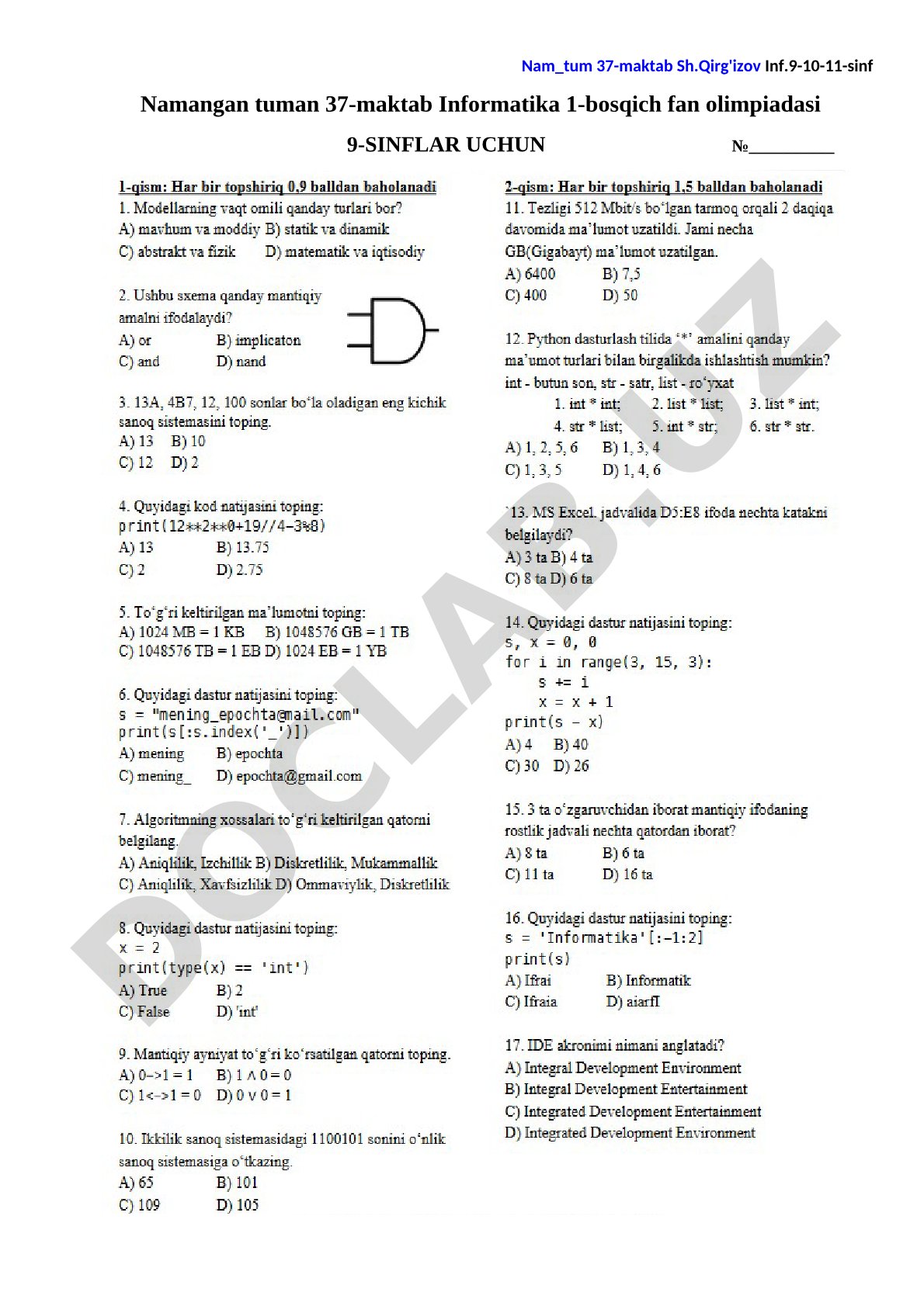 Namangan tuman 37-maktab Informatika 1-bosqich fan olimpiadasi 9-sinflar uchun