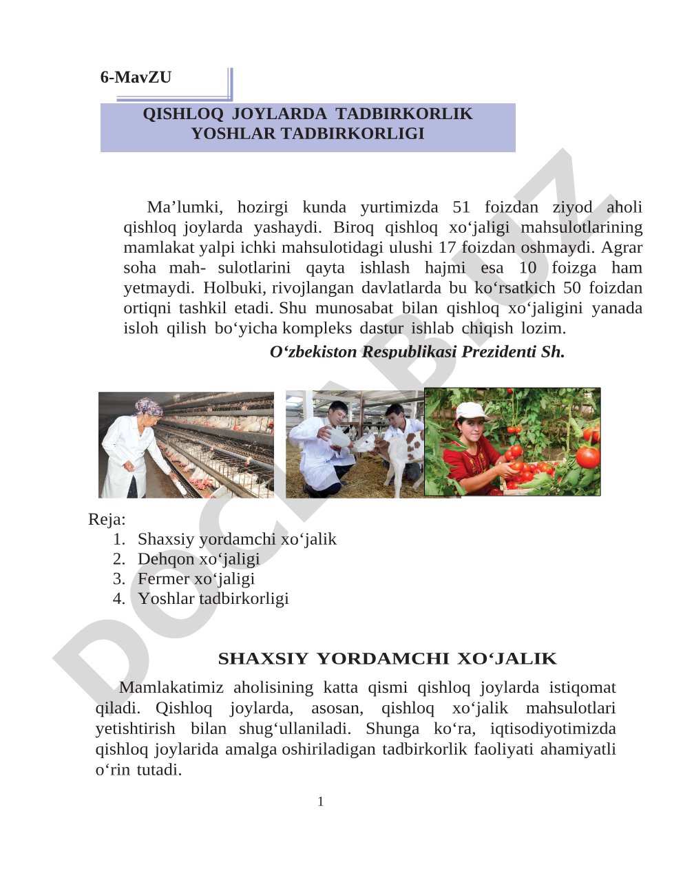 Qishloq joylarda tadbirkorlik yoshlar tadbirkorligi