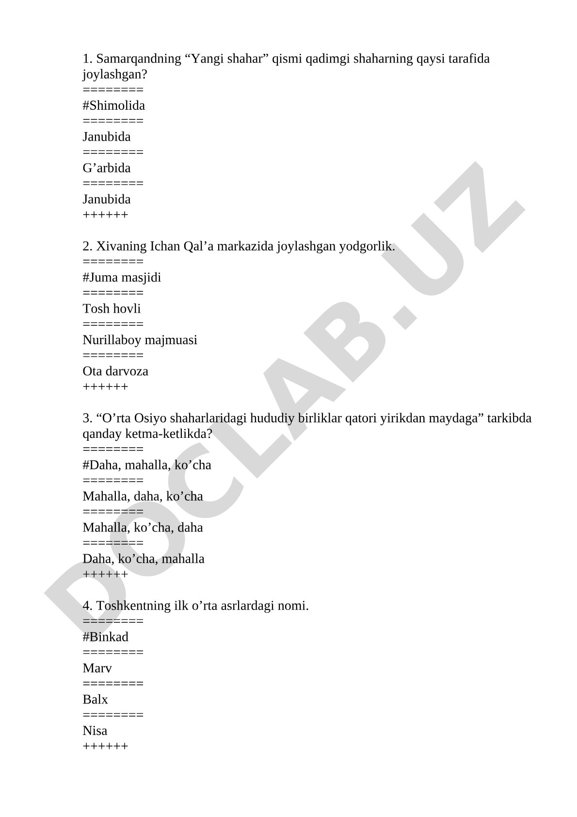 O'zbekiston qadimgi shaharlari tarixi testi