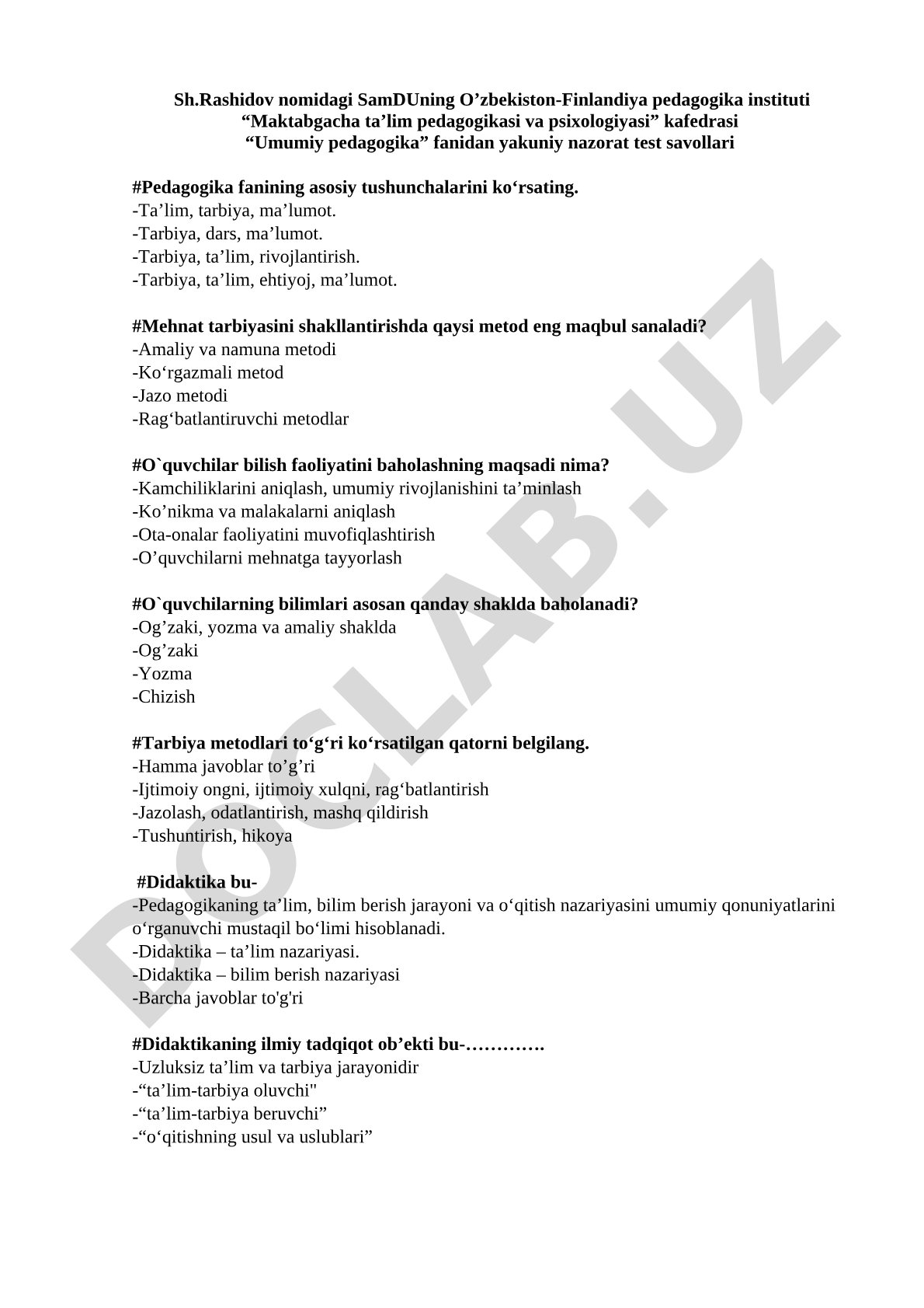 Umumiy pedagogika fanidan yakuniy nazorat test savollari