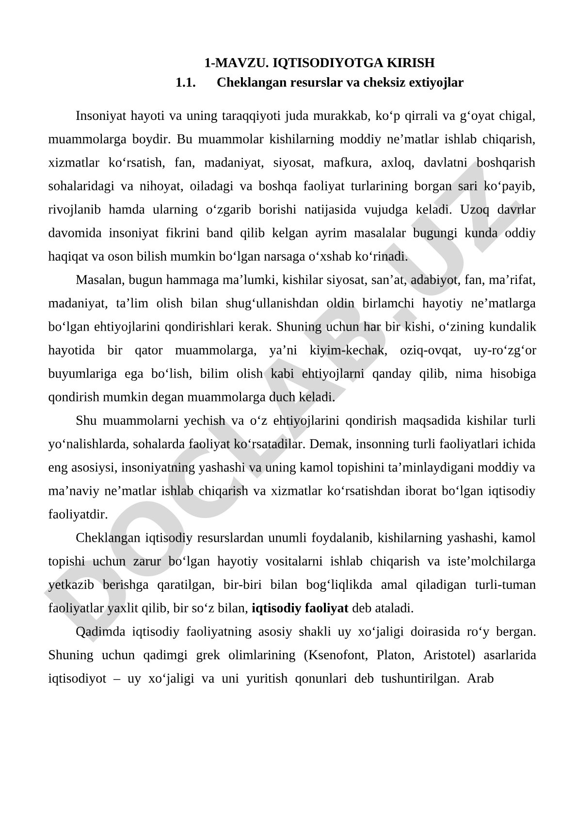 Iqtisodiyotga kirish: Cheklangan resurslar va cheksiz ehtiyojlar