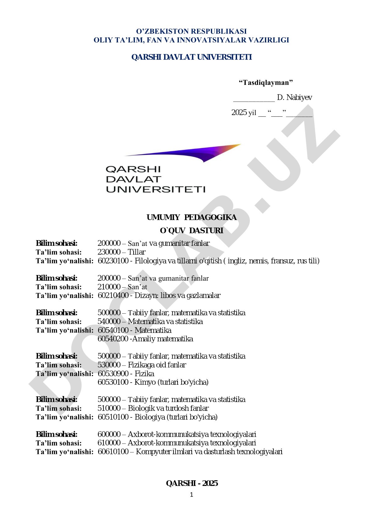 Umumiy pedagogika o'quv dasturi