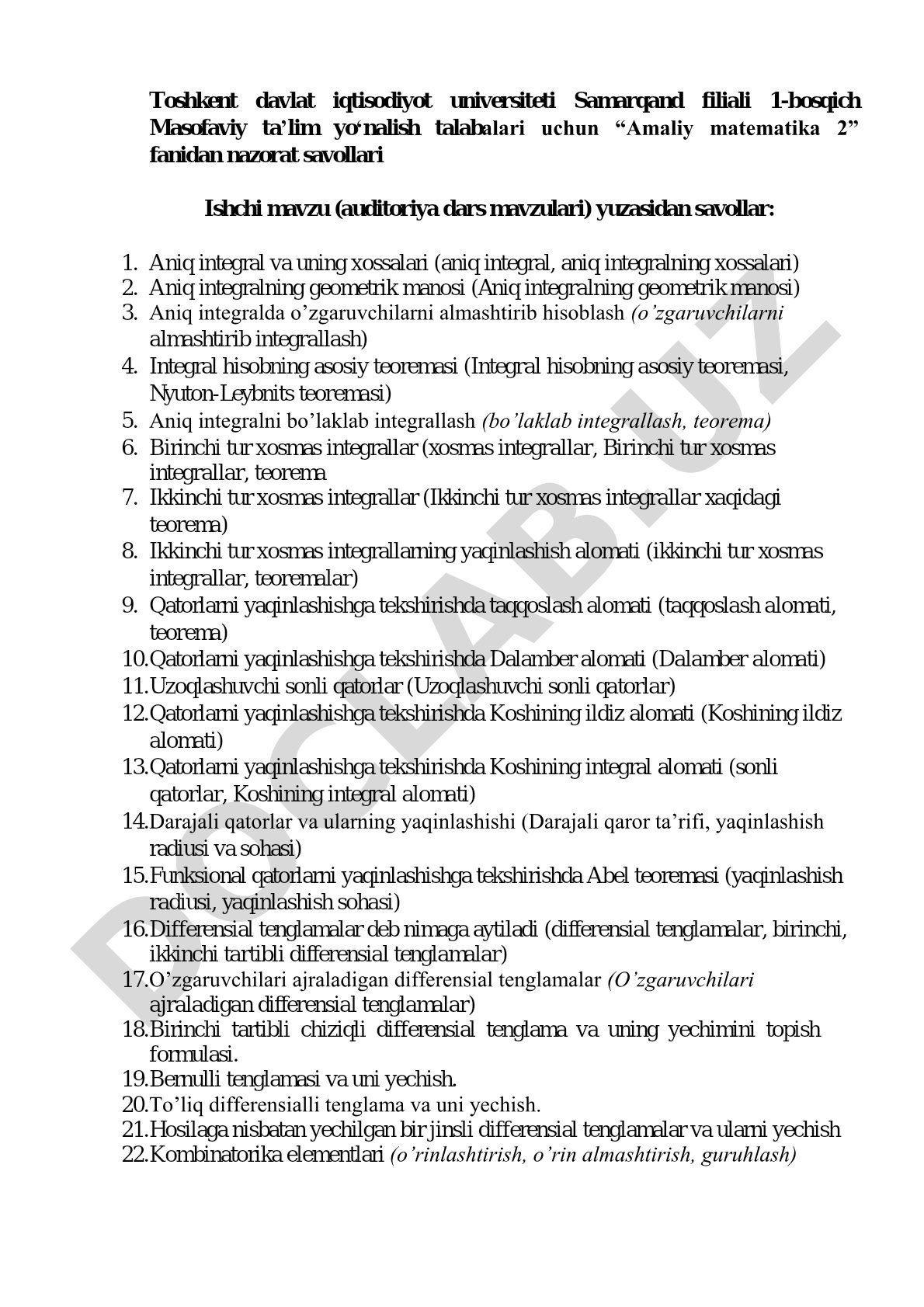 Amaliy matematika 2 fanidan nazorat savollari