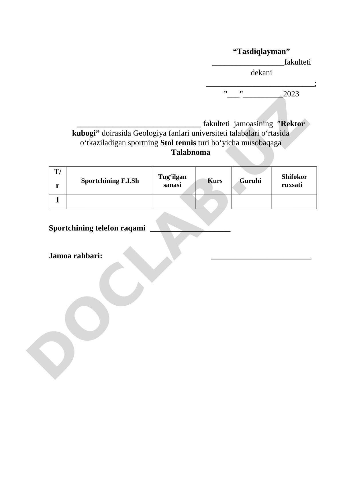 Rektor kubogi doirasida stol tennis musobaqasiga talabnoma